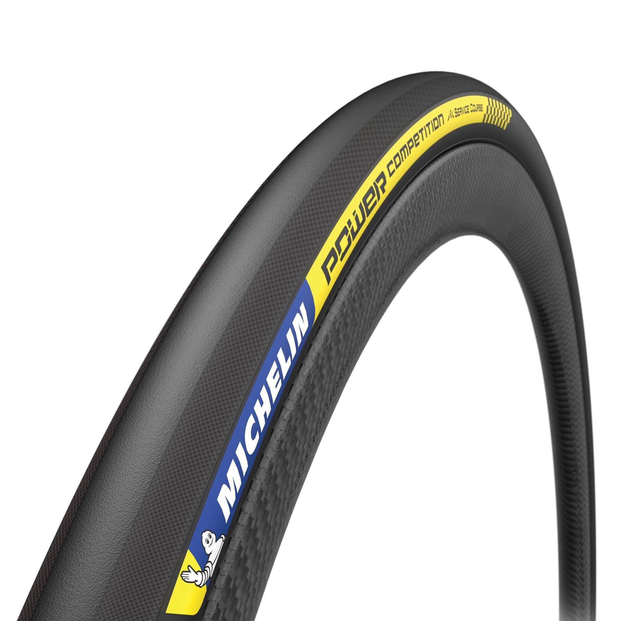 Michelin Power Competition tubular tyre for high-performance road cycling, showing close-up of textured rubber tread.