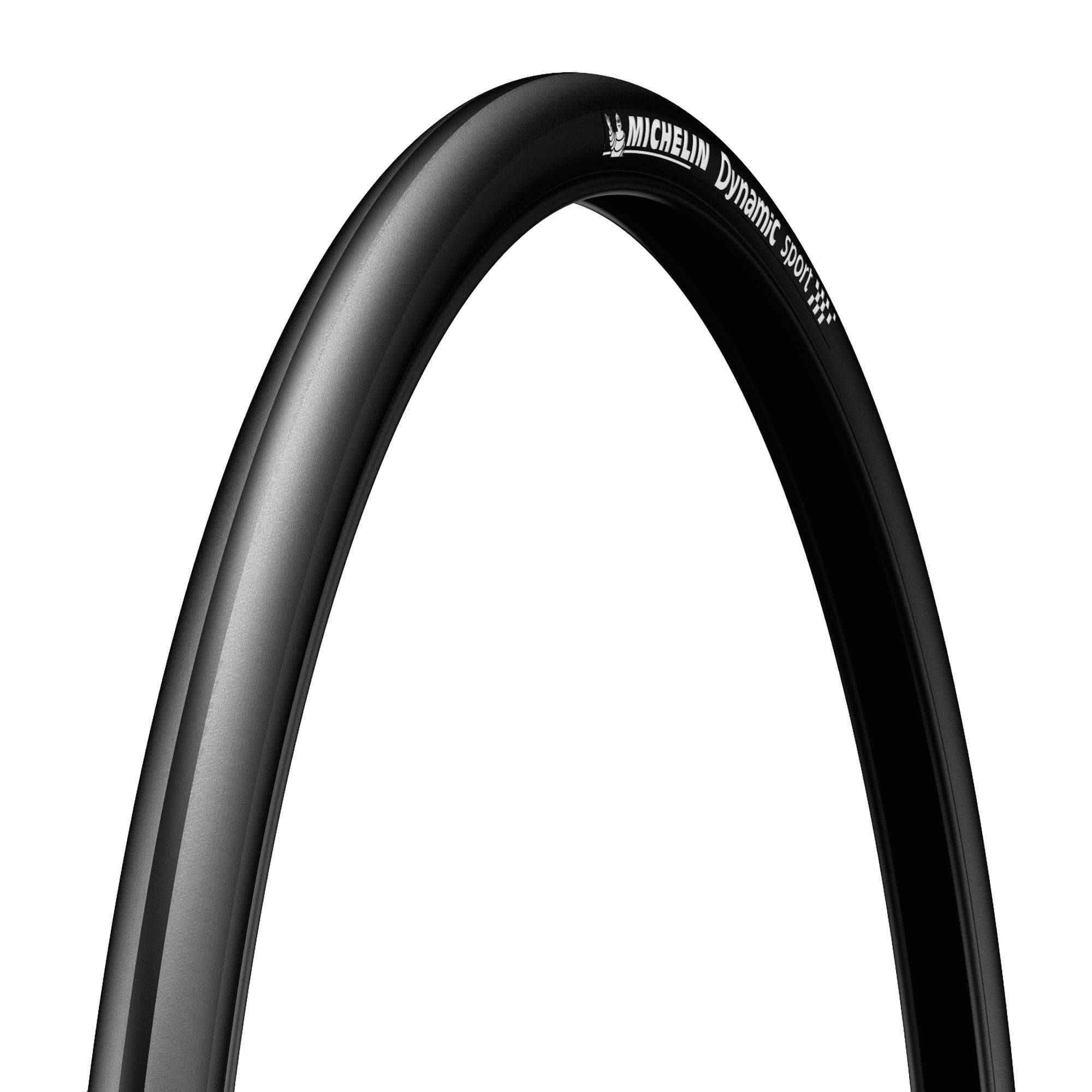 Michelin Dynamic Sport road bike tire, durable training and racing bicycle component with sleek tread pattern and black rubber surface.
