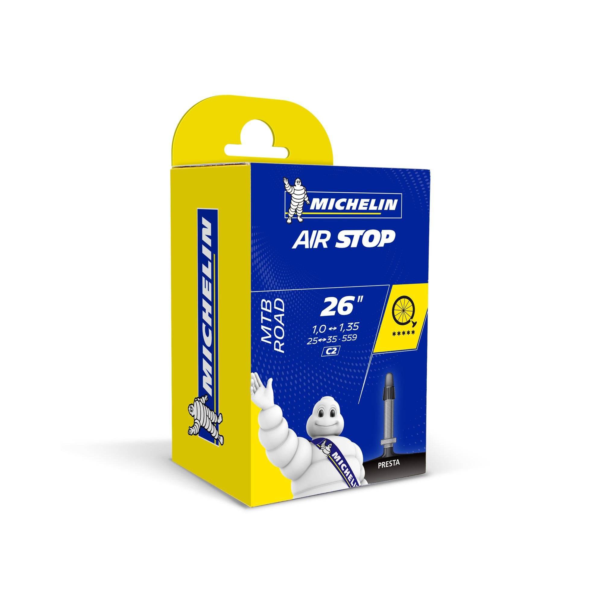 Michelin Airstop MTB inner tube with Schrader and Presta valves, designed for mountain bike tires, durable and reliable components.