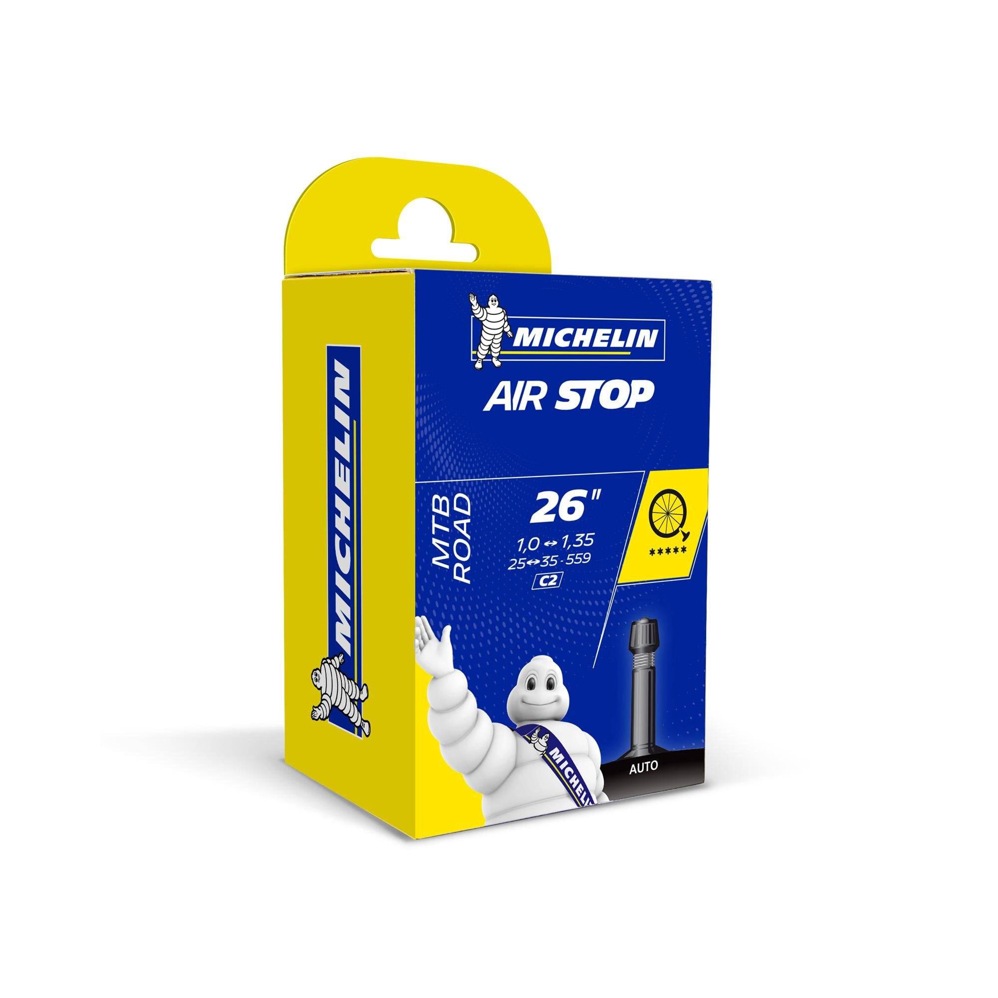 Michelin Airstop MTB inner tube with Schrader and Presta valves, suitable for mountain bike wheels, showing the valve and tube detail.