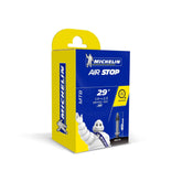Michelin Airstop MTB inner tube with Schrader and Presta valves for mountain bike tires, durable bike components.