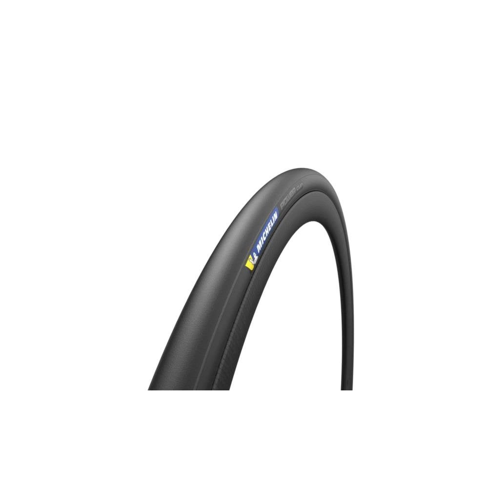 Michelin Power Cup tube-type high-performance road cycling tyre with sleek black rubber tread and sidewall for racing bikes.