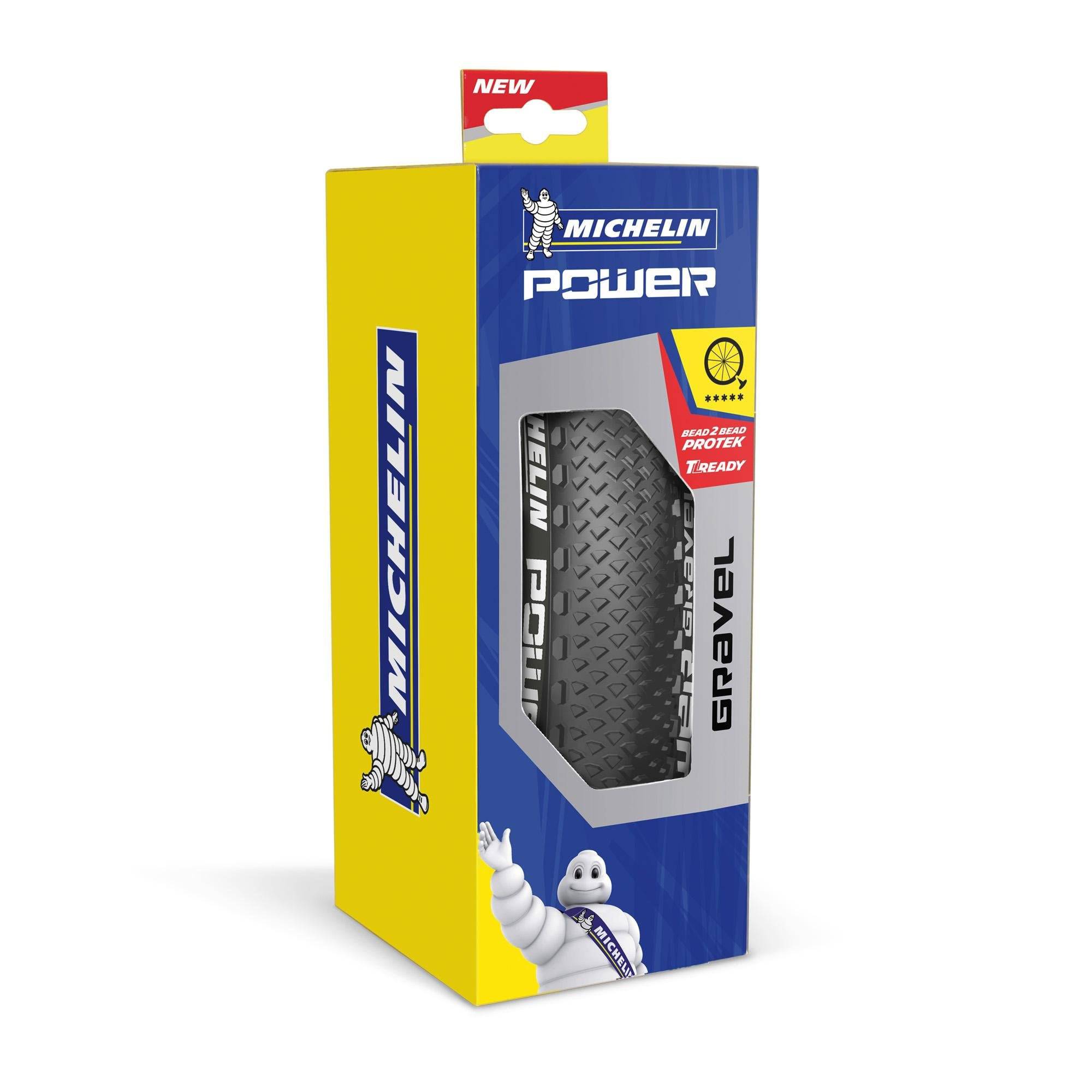 Michelin Power Gravel tubeless-ready tyre with bead and Bead Protek technology, designed for gravel cycling components.
