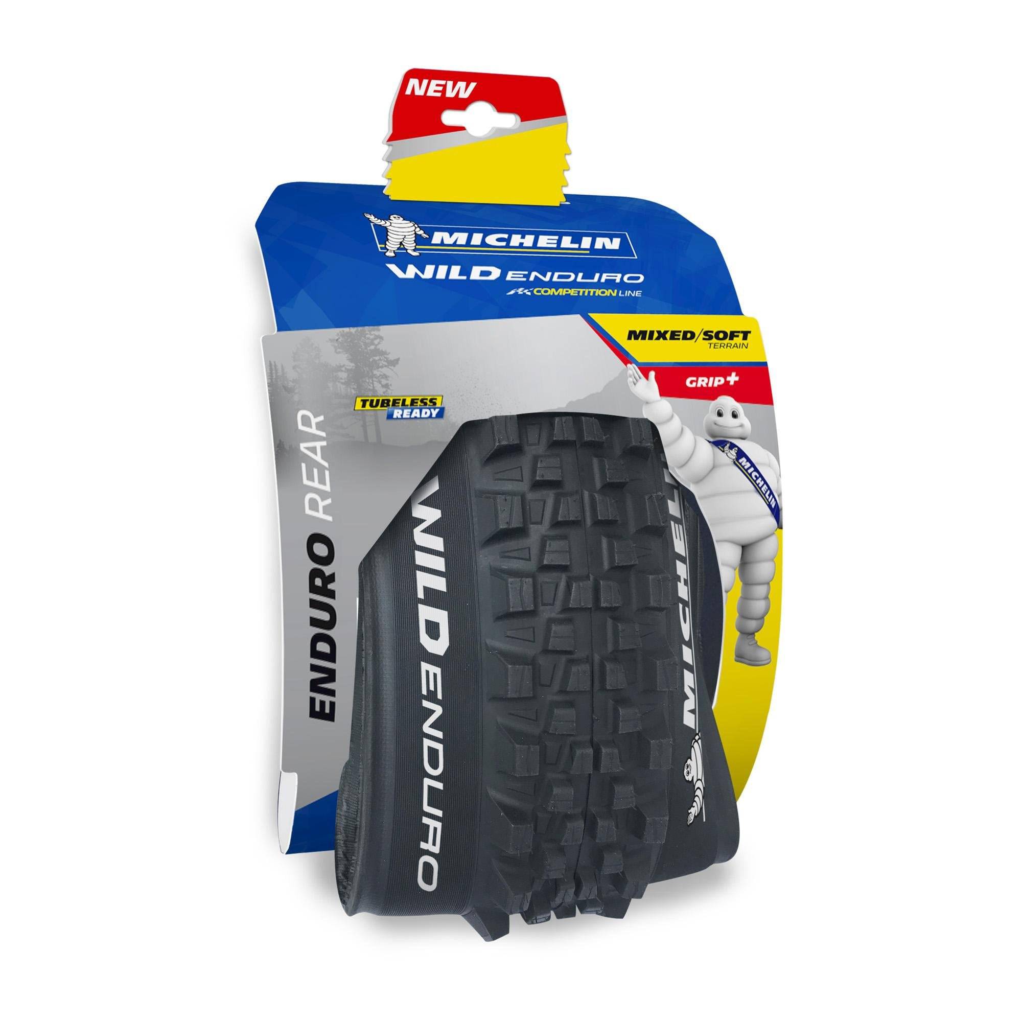 Michelin Wild Enduro Gum-X rear tubeless-ready mountain bike tyre with Gravity Shield casing, designed for aggressive trail riding.
