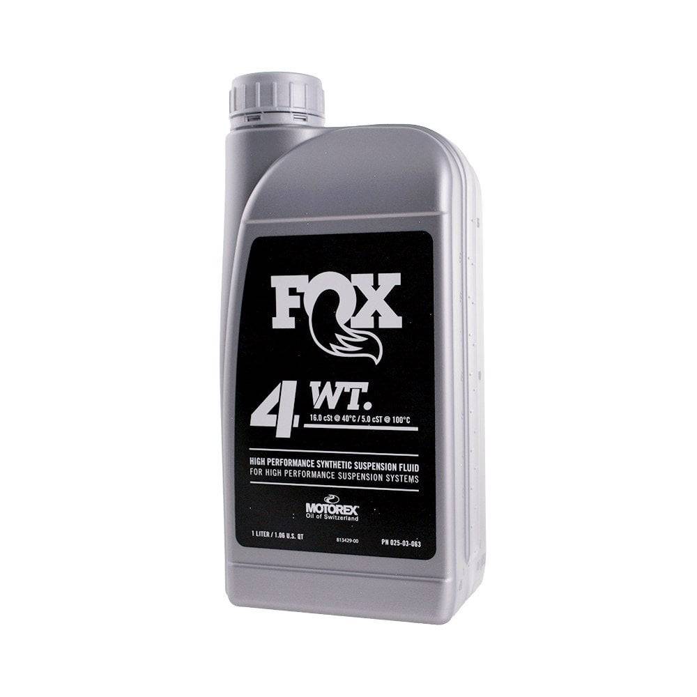 Fox Suspension Fluid 4WT 1L bottle for forks, showing the container with Fox branding and label for bike suspension maintenance.