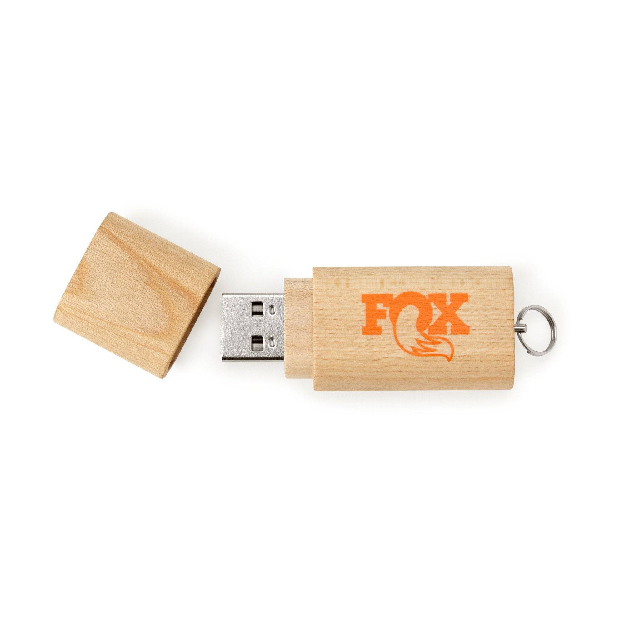 Fox Heritage 8GB USB flash drive with durable wood finish, logo engraving, designed for convenient data storage and transfer.