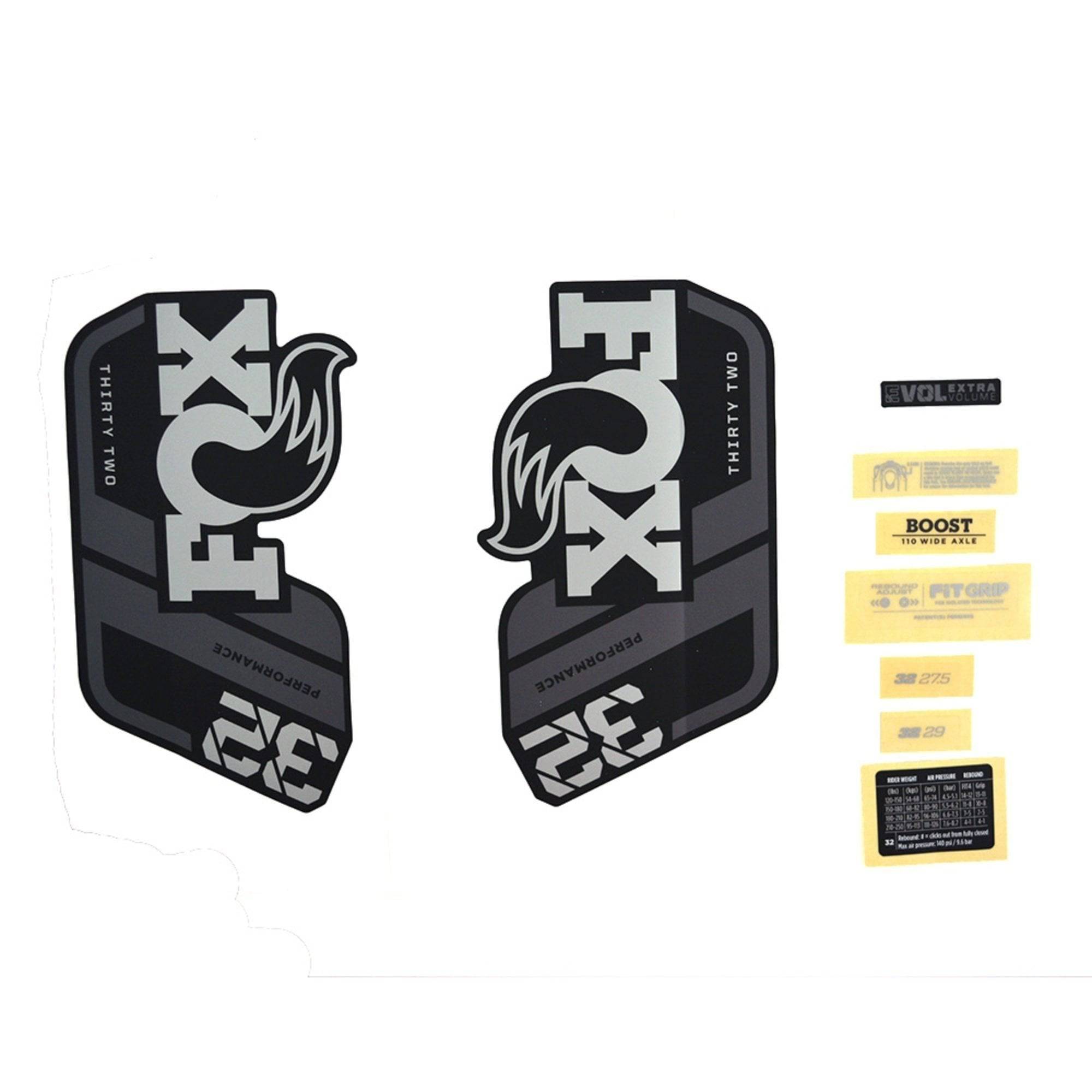 Fox Fork 32 Decal Kit with Grey Logo in Matte Black for 2021 Fox components, designed for fork spares and accessories.