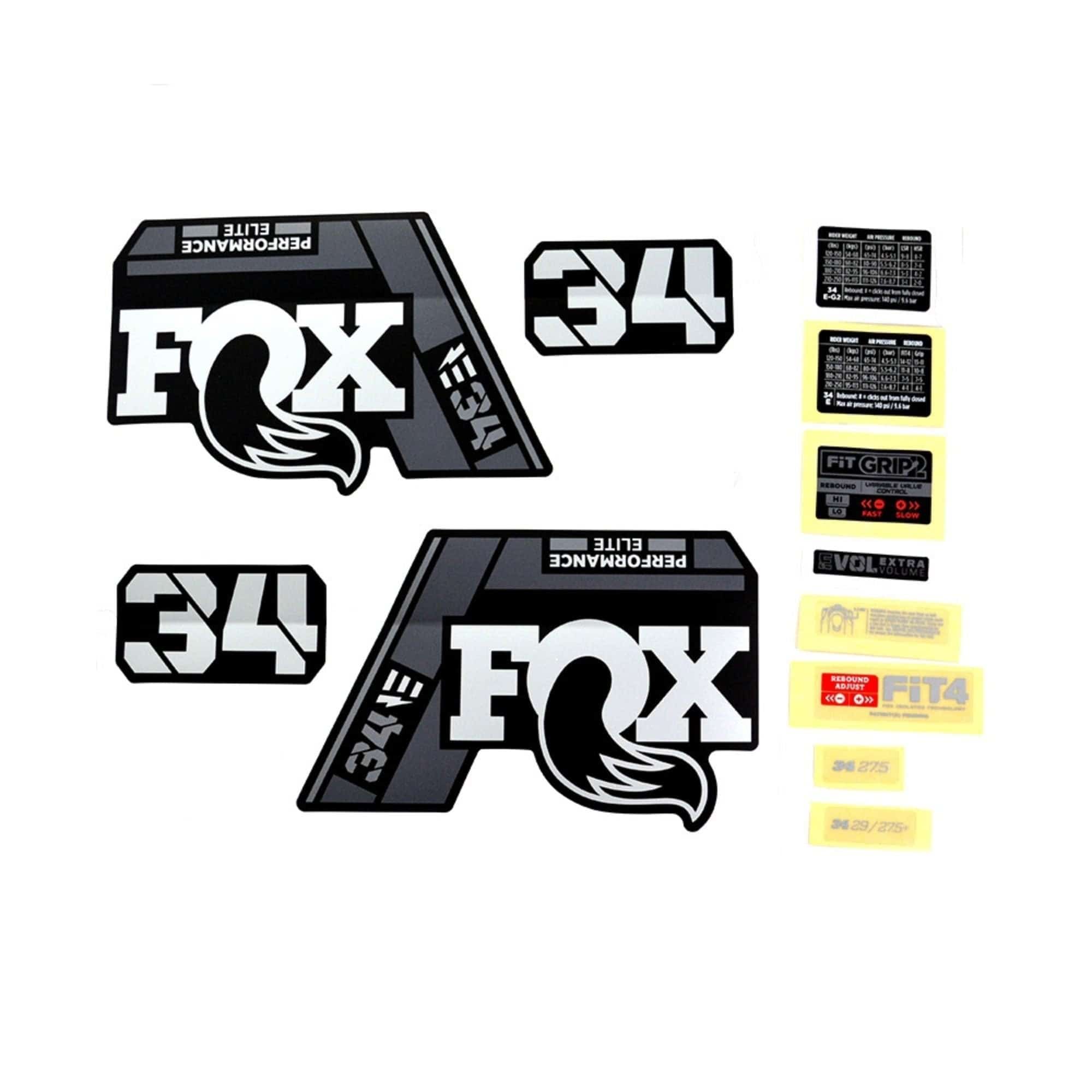 Fox Fork 34 Decal Kit for 2021 E-Bike P-SE in matte black with grey Fox logo, compatible as spare component.