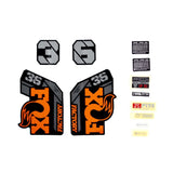 Fox Fork 36 2021 decal kit with orange logo and shiny black accents, designed for Fox suspension components and accessories.