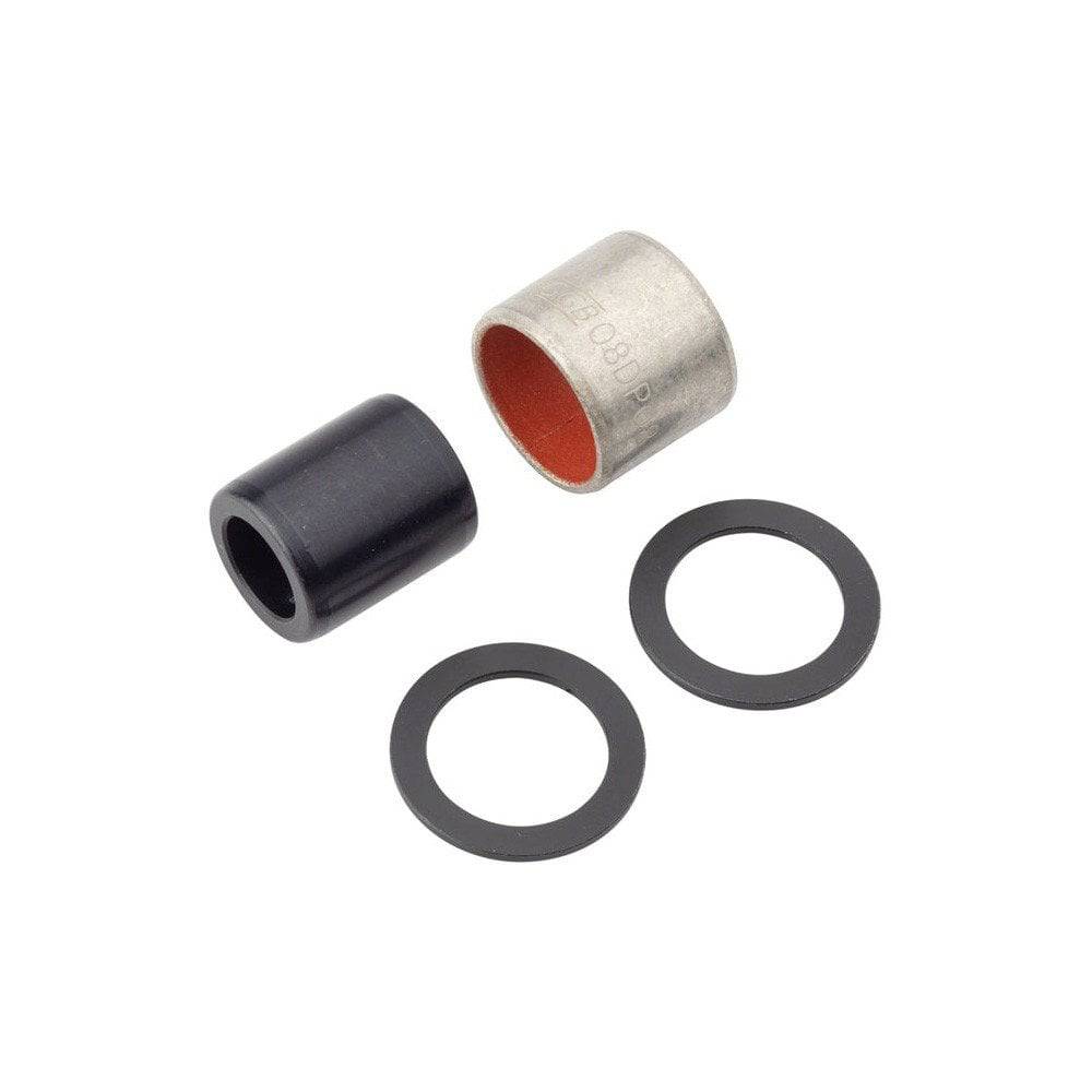 Fox rear shock mounting hardware set with four 8mm width and 15mm spacers, durable components for bike suspension.