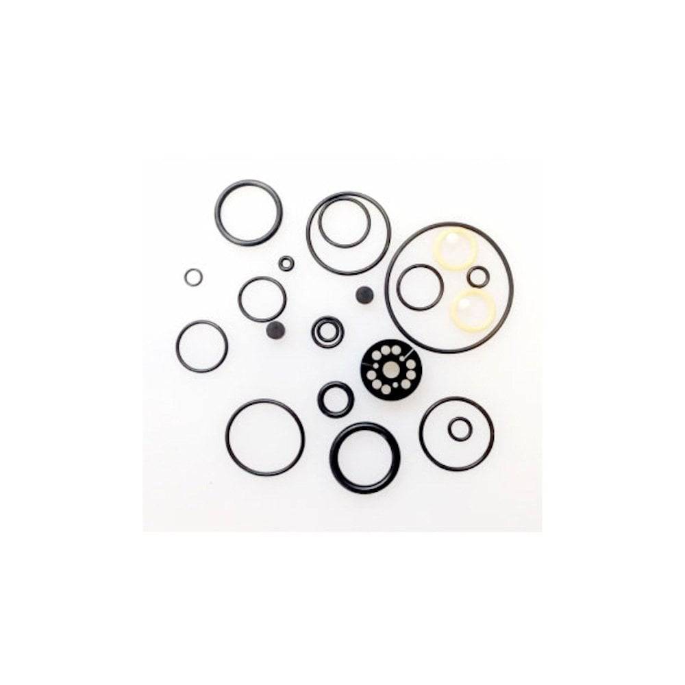 Fox Float DPX2 rear shock rebuild seal kit showing various seals and components for shock maintenance.