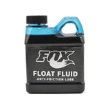 Fox Float Fluid Anti-Friction Lube for suspension forks and accessories, shown in a clear bottle with branding.