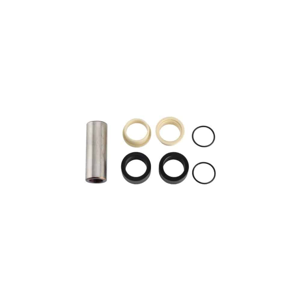 Stainless steel Fox rear shock mount hardware for bike components, showing detailed mounting bolts and spacers.