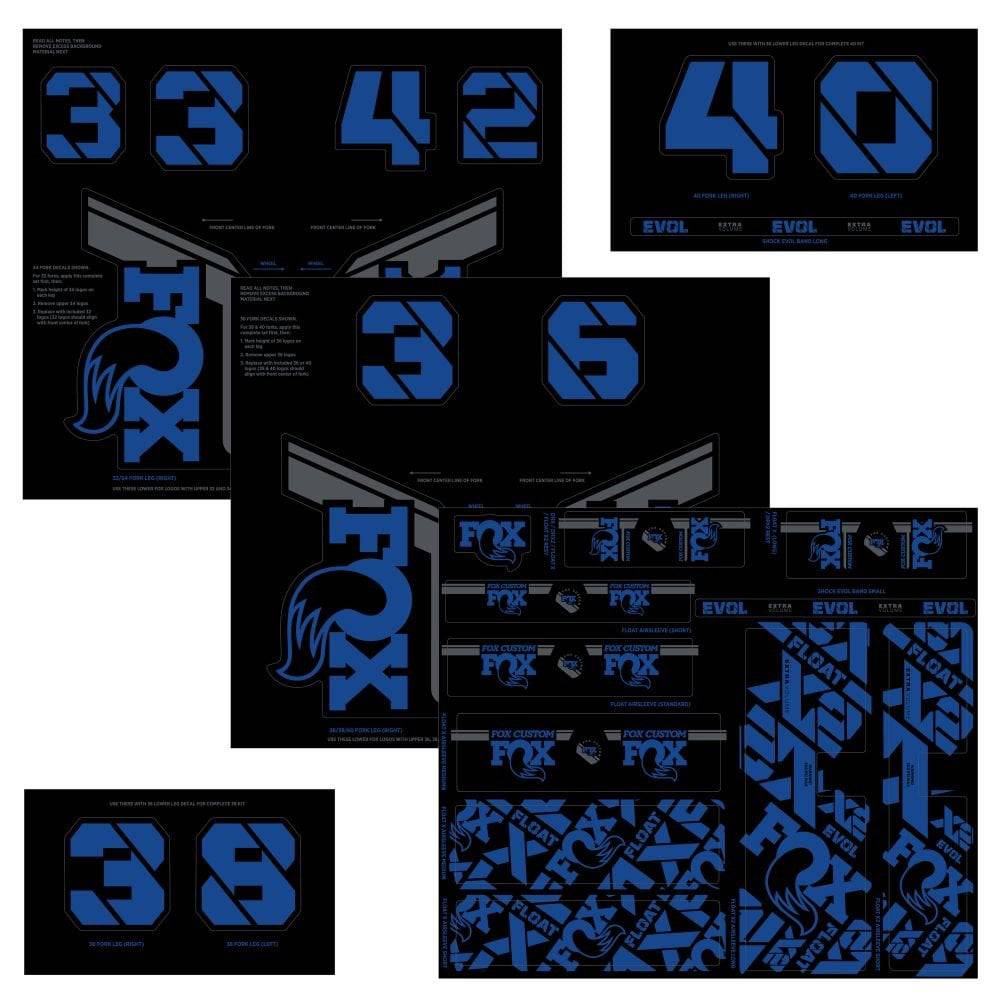 Fox Fork & Shock AM Custom Decal Kit for 2021, spare components for FOX suspension forks and shocks in the kit image.