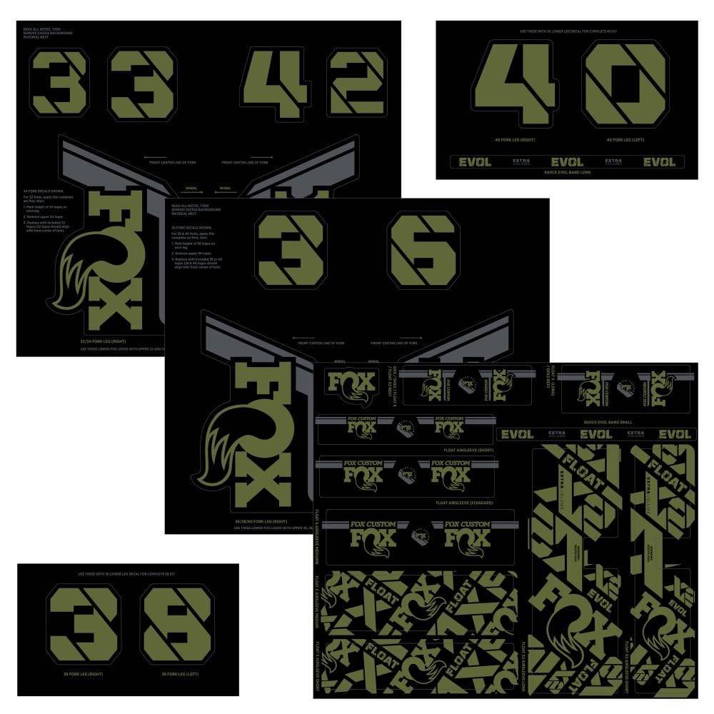 Fox Fork & Shock AM Custom Decal Kit 2021 for FOX suspension, featuring colorful decals and replacement components.