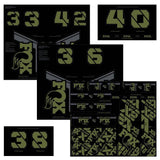Fox Fork & Shock AM Custom Decal Kit 2021 for FOX suspension, featuring colorful decals and replacement components.