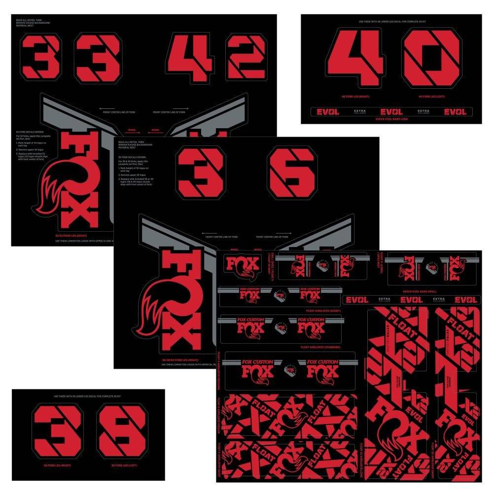 Fox Fork & Shock AM Custom Decal Kit 2021 for FOX suspension, featuring colorful decals and branding for bike components.