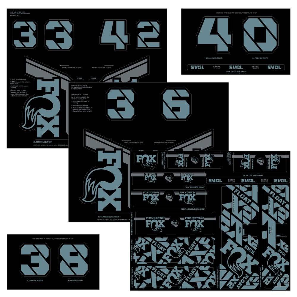 Fox Fork & Shock AM Custom Decal Kit 2021 for FOX suspension, featuring colorful decals and branding for bike components.