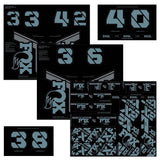 Fox Fork & Shock AM Custom Decal Kit 2021 for FOX suspension, featuring colorful decals and branding for bike components.