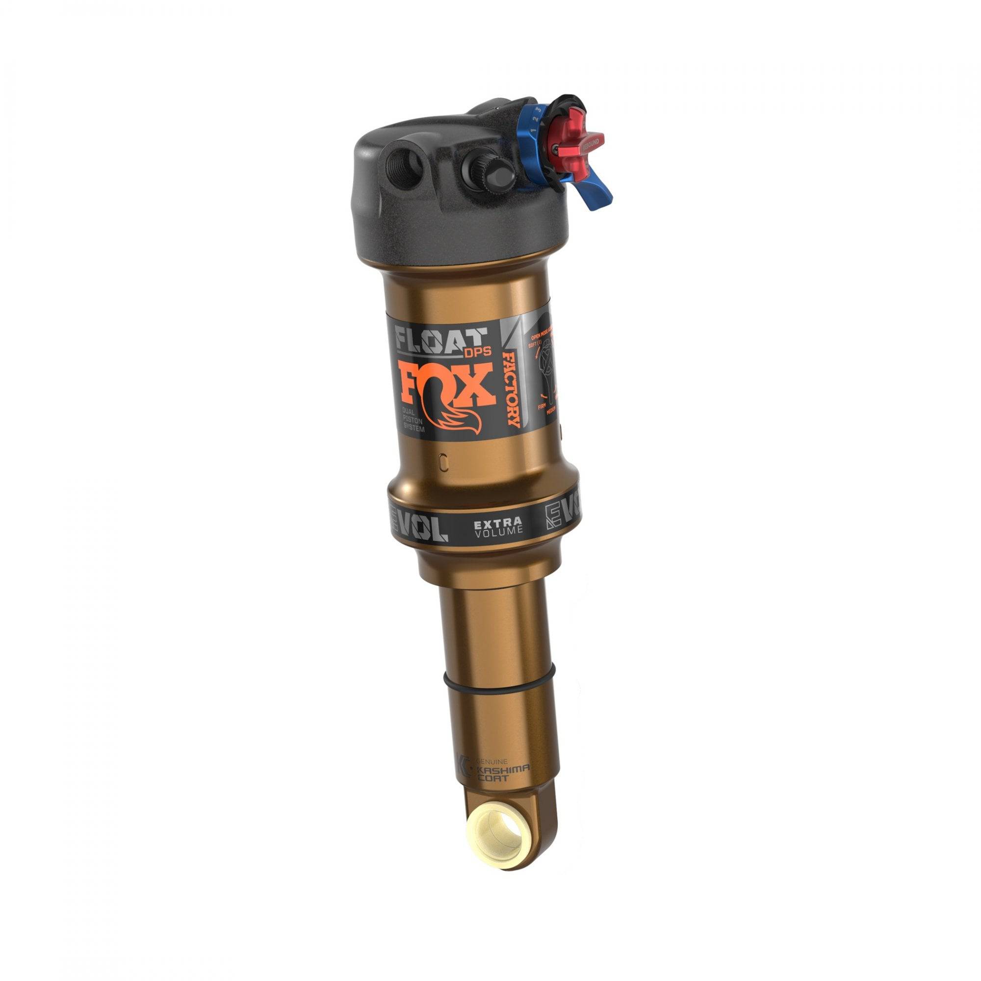 Fox Float DPS Factory rear shock with Kashima coating showing three adjustable positions and sleek metallic finish.
