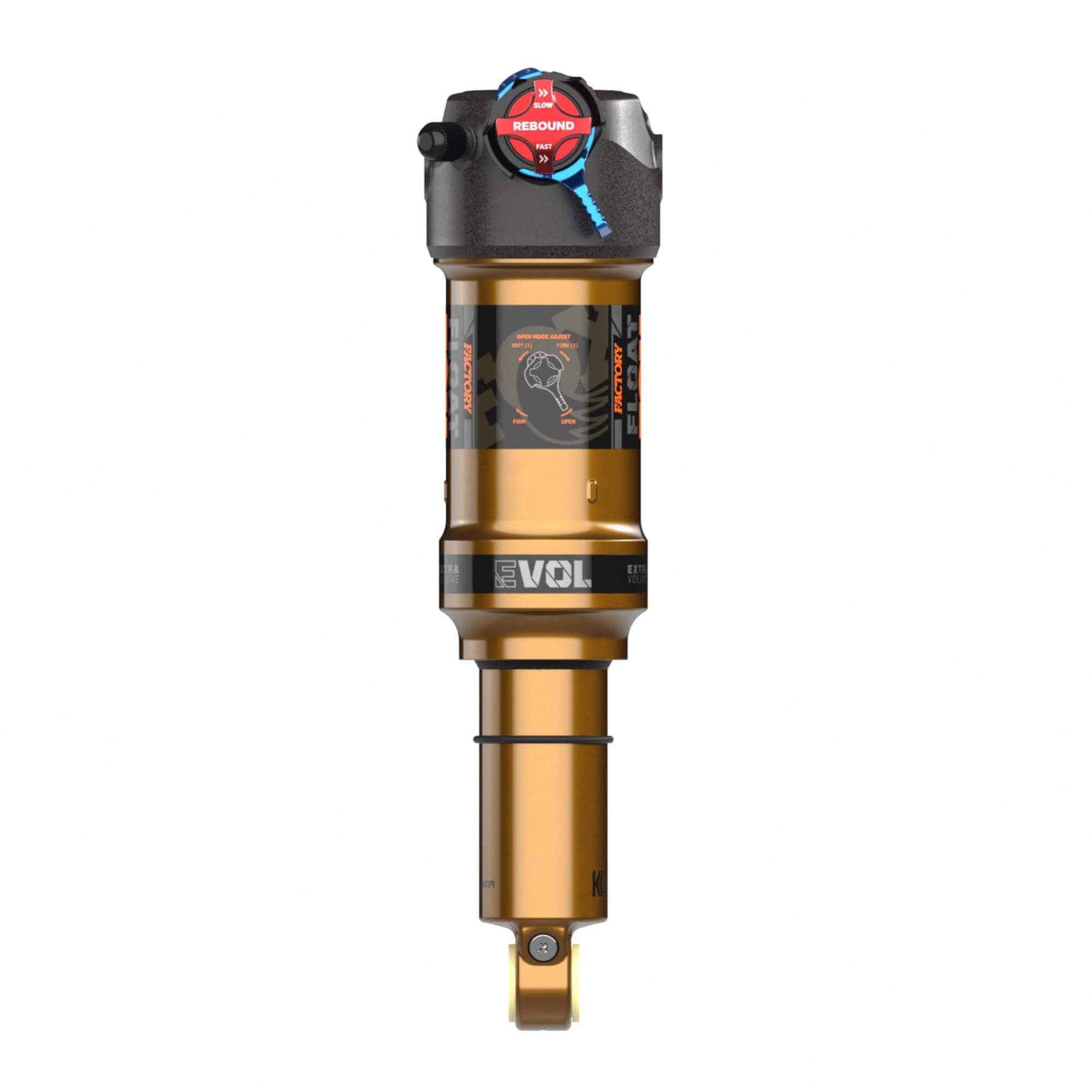 Fox Float Factory rear shock with adjustable settings for mountain bikes and e-MTBs, featuring a sleek black design and brand logo.