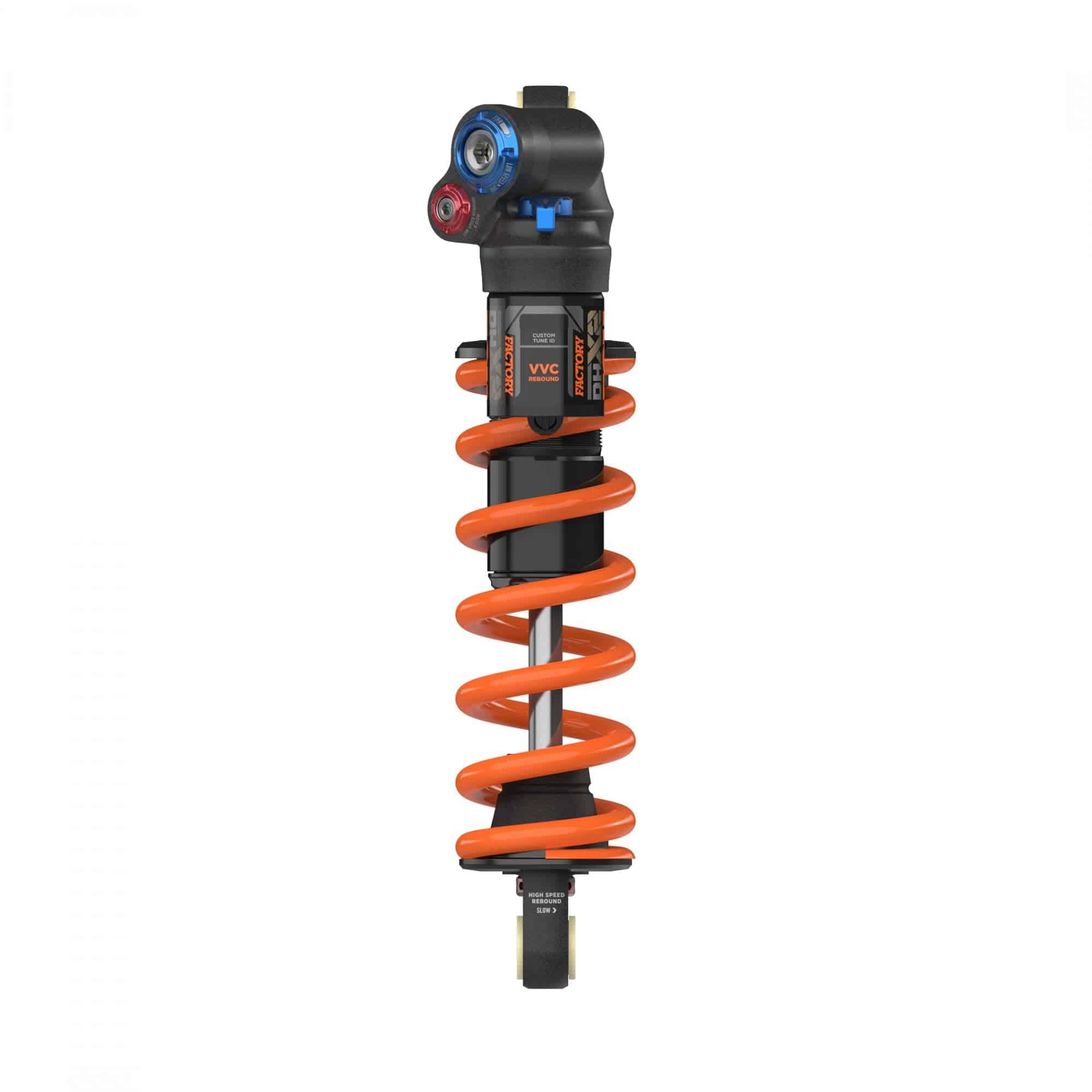 Fox DHX2 Factory rear shock damper for mountain bike suspension, showing the adjustable dampening components and branding.