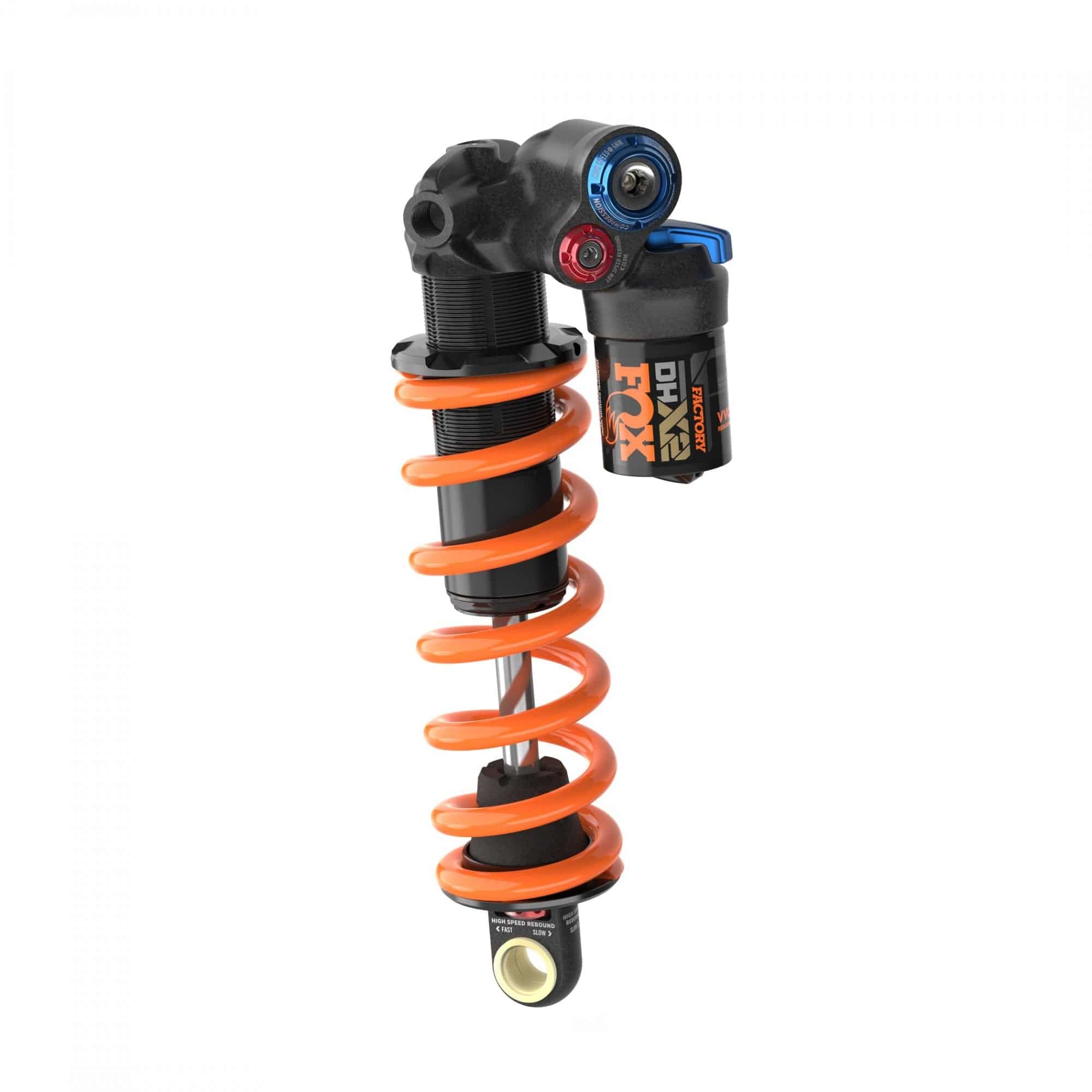 Fox DHX2 Factory mountain bike rear shock with 2-position adjustable dampening, showcasing the high-performance component.