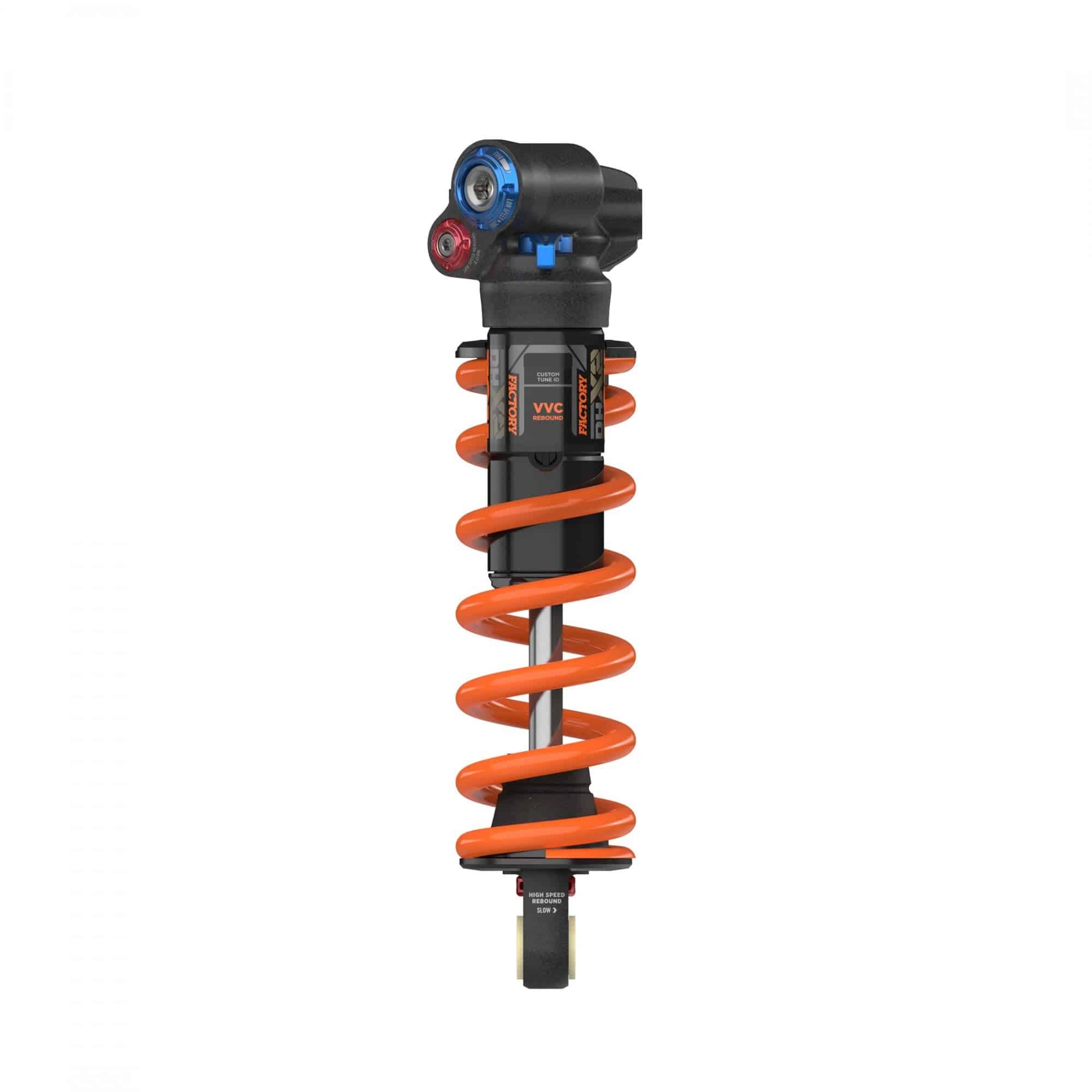 Fox DHX2 Factory mountain bike rear shock with 2-position adjustment, showcasing the high-performance suspension component.