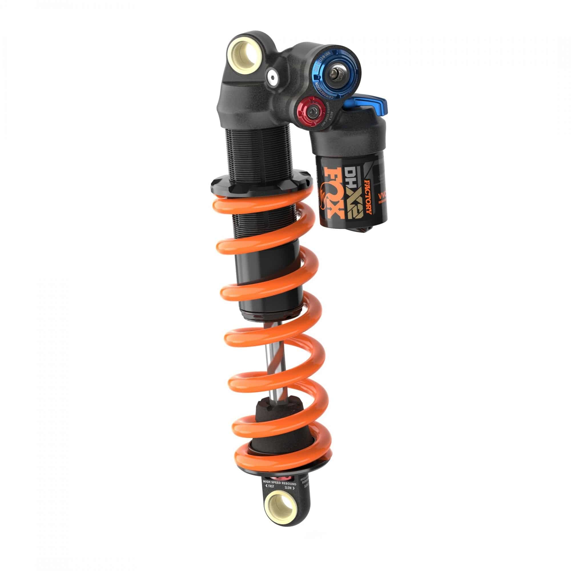 Fox DHX2 Factory mountain bike rear shock with 2-position adjustment, showcasing its high-performance suspension component.
