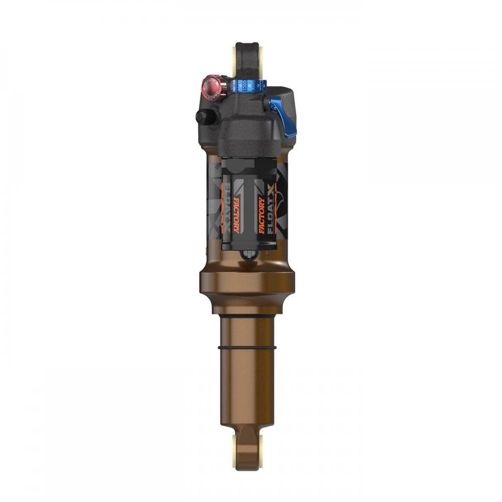 Fox Float X Factory rear shock for trail bikes, 2-position adjustable, high-performance suspension component for mountain biking.