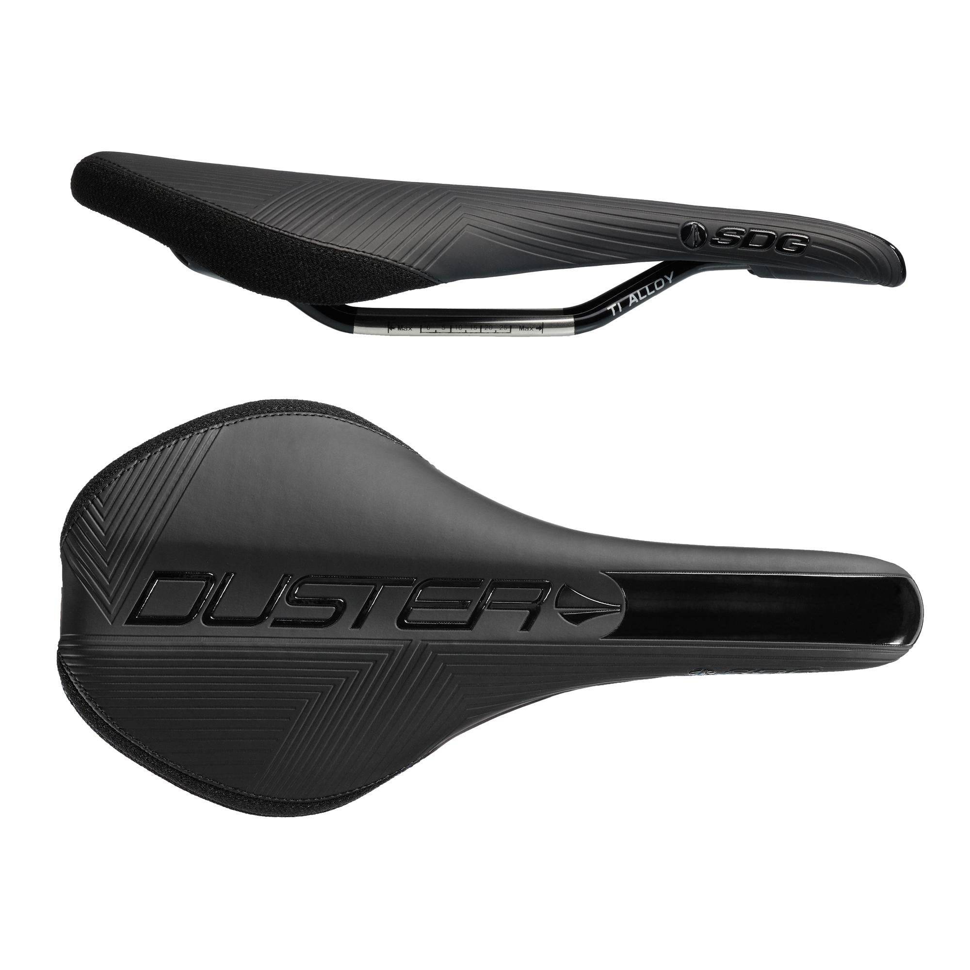 SDG Duster mountain bike saddle with Ti-alloy rails and Kevlar protection, designed for durability and comfort in cycling components.