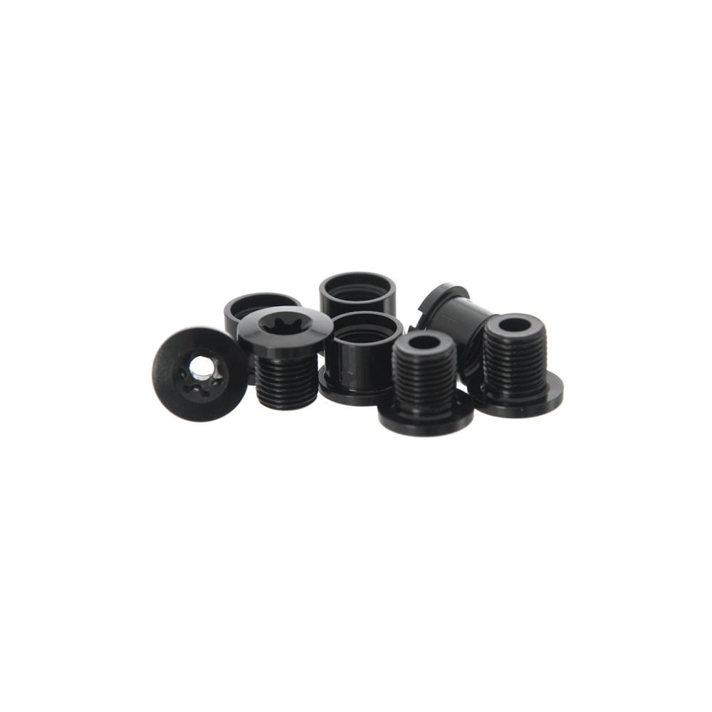 Race Face alloy chainring bolt and nut pack with Torx spares, showing multiple silver bolts and nuts for bike component installation.