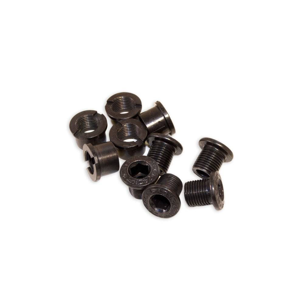 Race Face chainring bolt packs showing durable spare bolts for cranksets, made of metal with black finish.