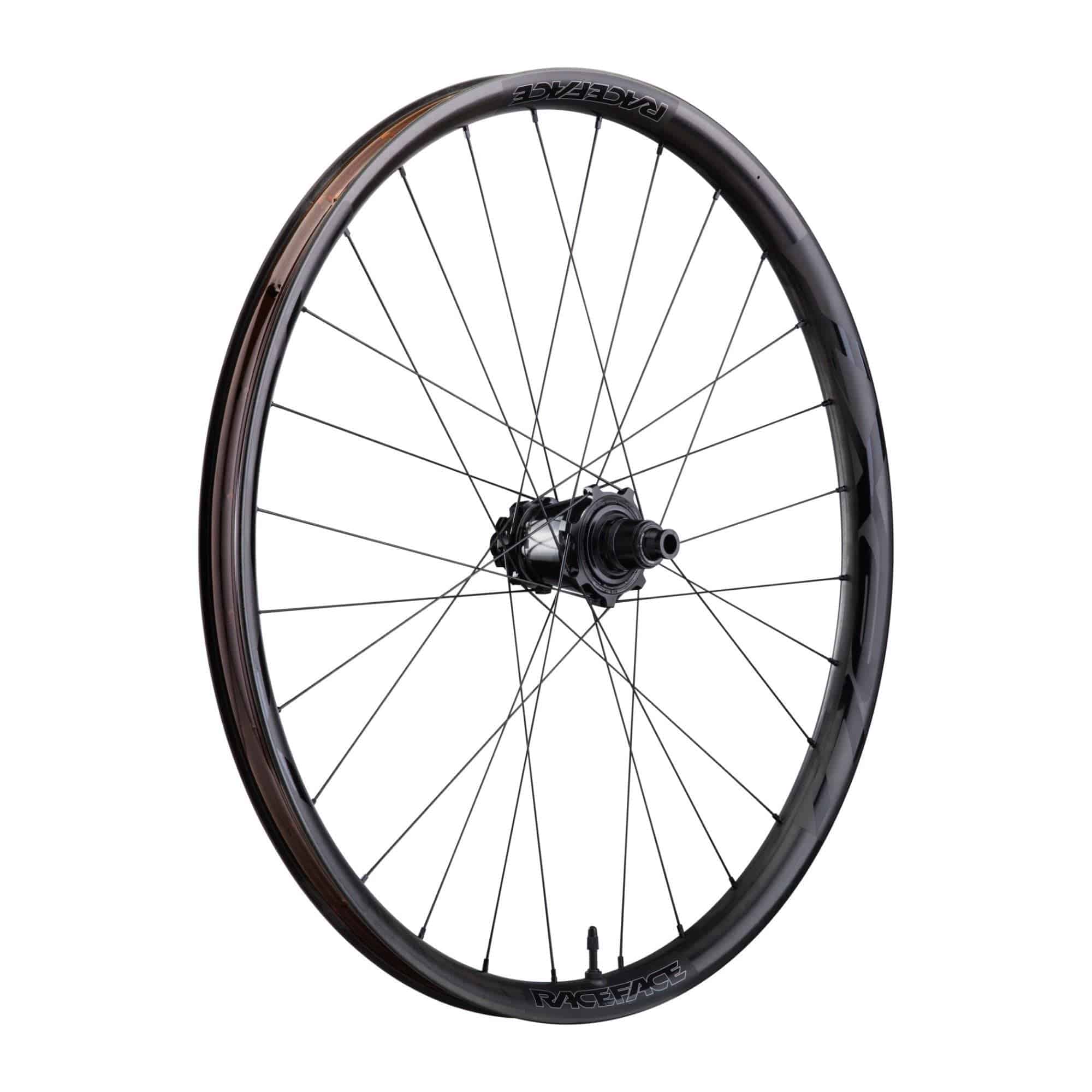 Race Face Next R 36mm carbon MTB wheelset with tubeless-ready design and Boost axle, showcasing lightweight high-performance components.