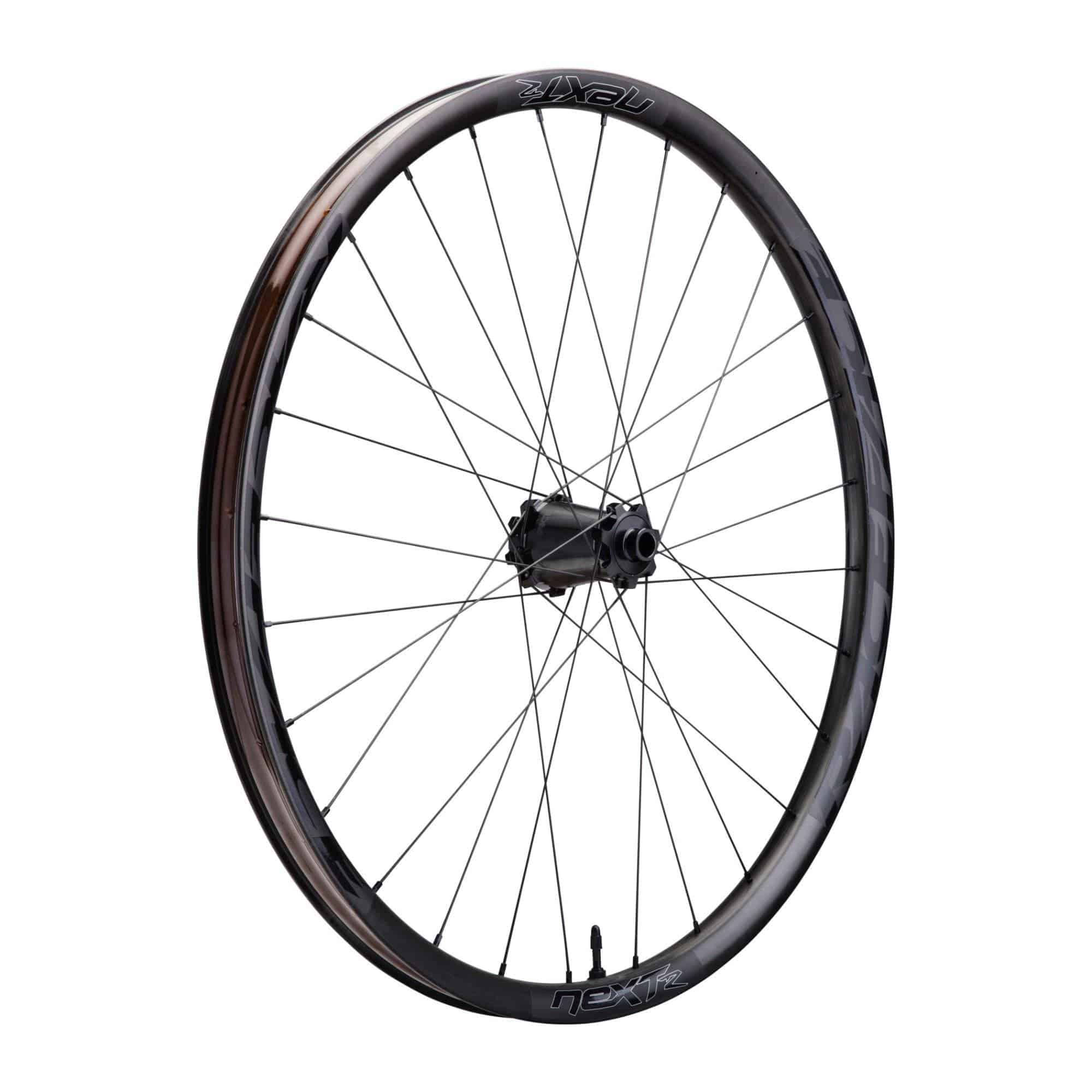 Race Face Next R 36mm carbon MTB wheels with tubeless ready tires and boost axle, designed for mountain biking performance.