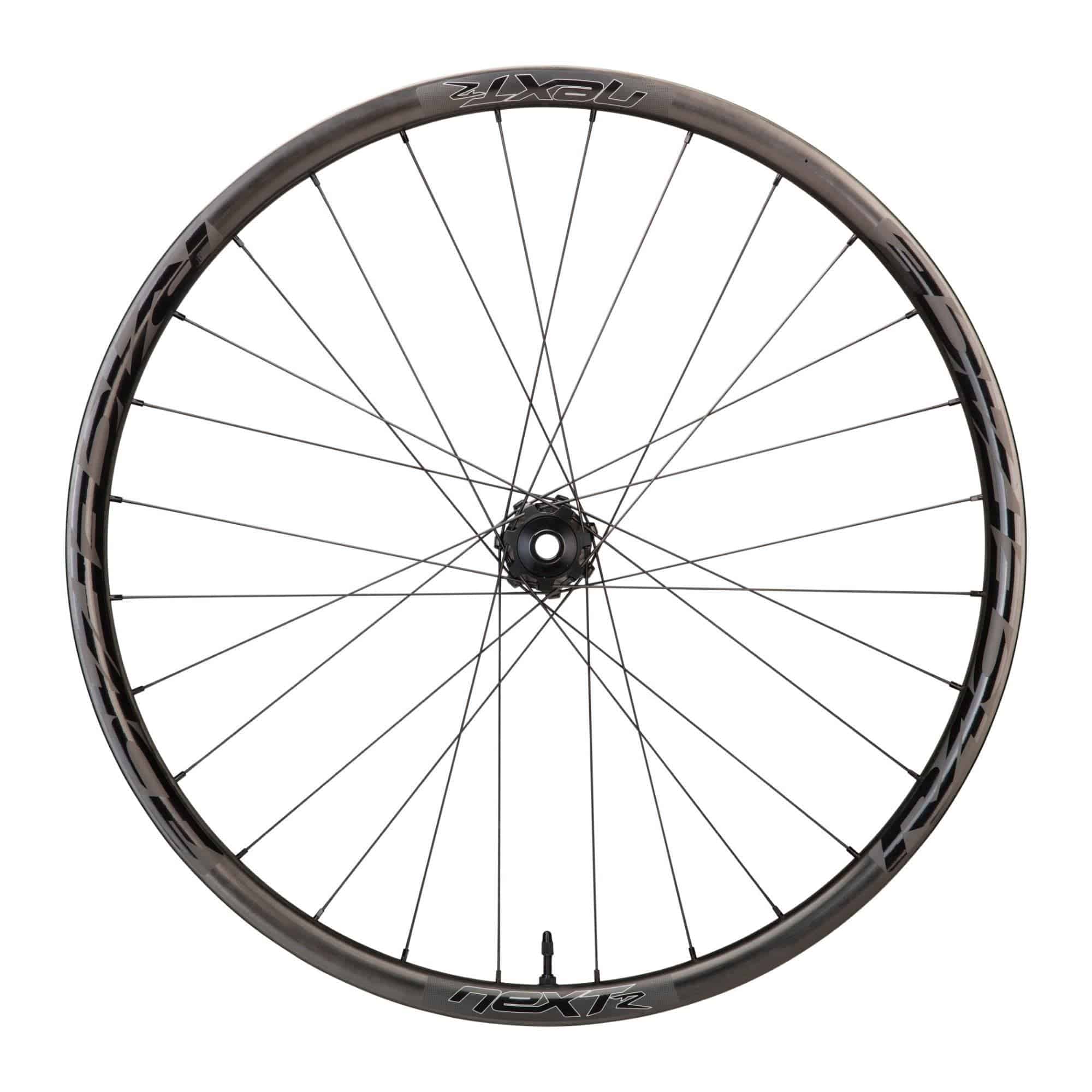 Race Face Next R 36mm carbon MTB wheels with tubeless-ready design and boost axle, suitable for mountain biking components.