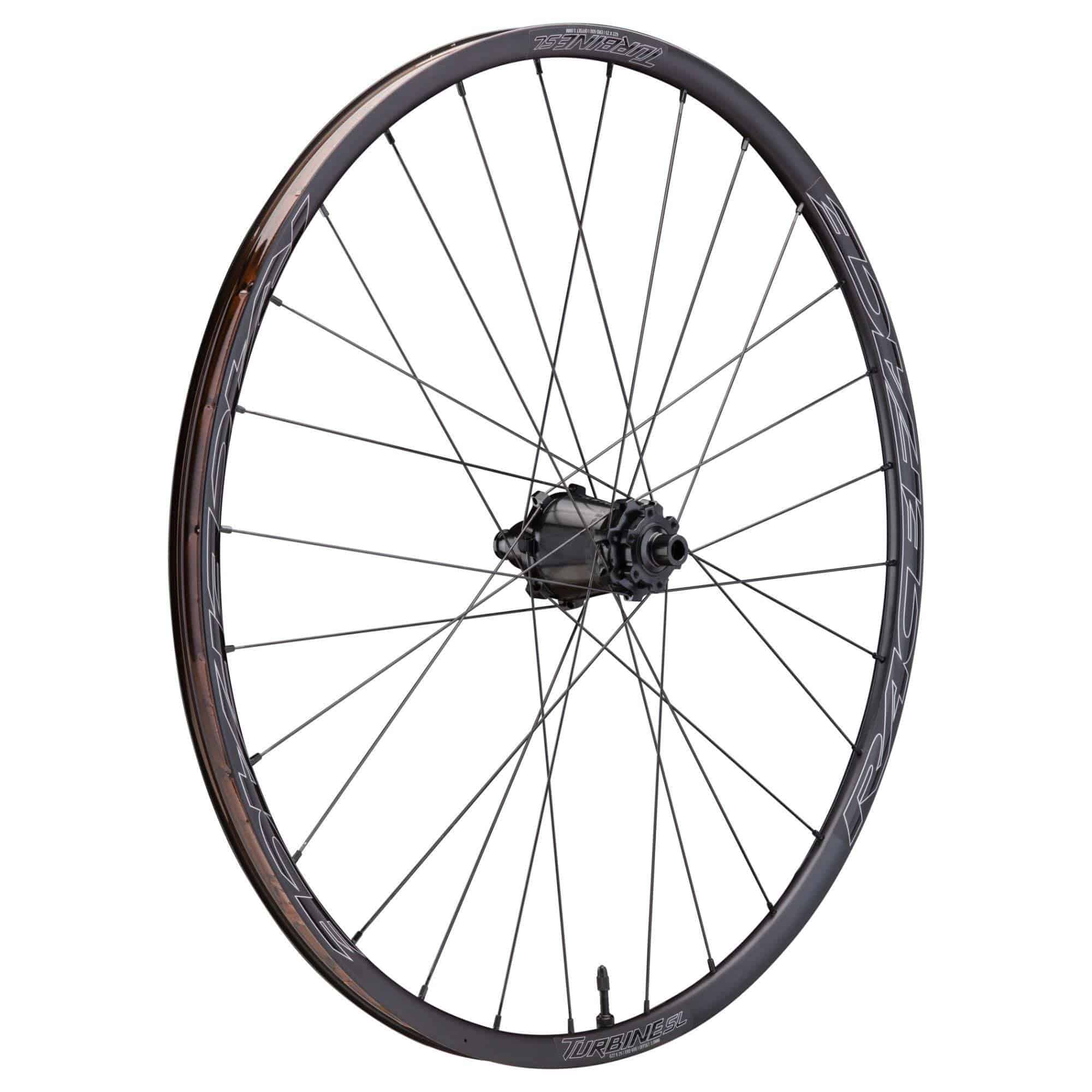 Race Face Turbine SL 29-inch boost XC trail wheels with 25mm tubeless-ready rims and black spokes, mounted on a bike.