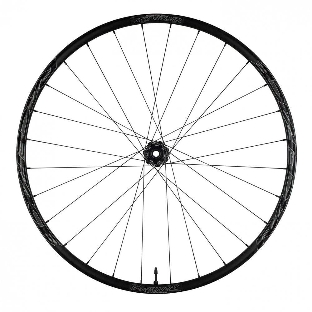 Race Face Turbine R 35mm alloy MTB wheels with Vault hub, tubeless-ready design, featuring a sleek, durable cycling component.