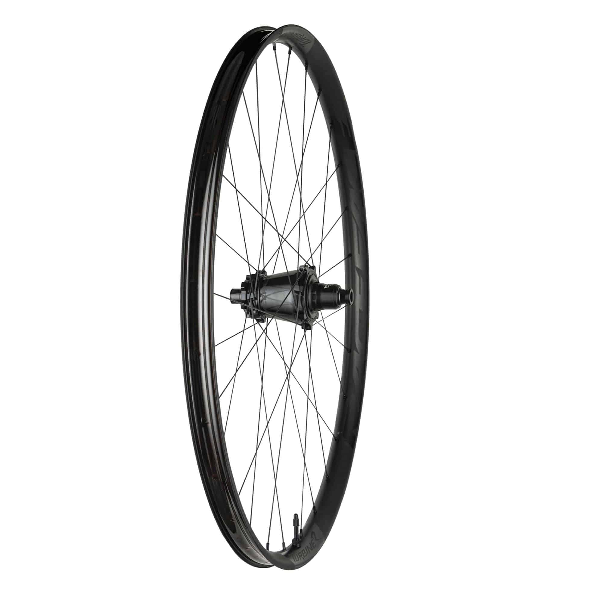 Race Face Turbine 30mm mountain bike wheels with Anvil Edge technology, showing sleek black rims and spokes for off-road riding.