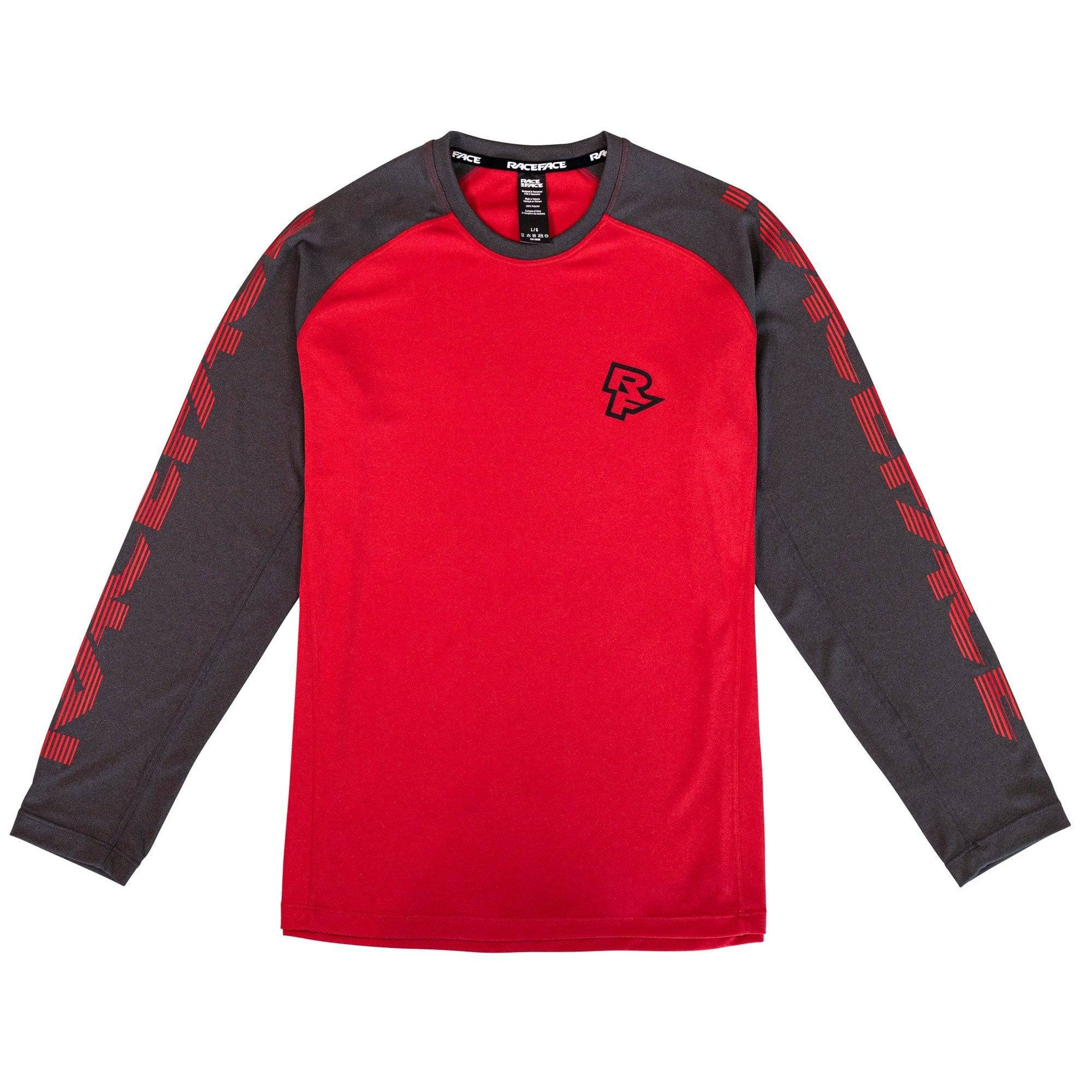 Race Face Sendy Youth long sleeve MTB jersey for kids, breathable, lightweight cycling shirt with vibrant colors and logo details.
