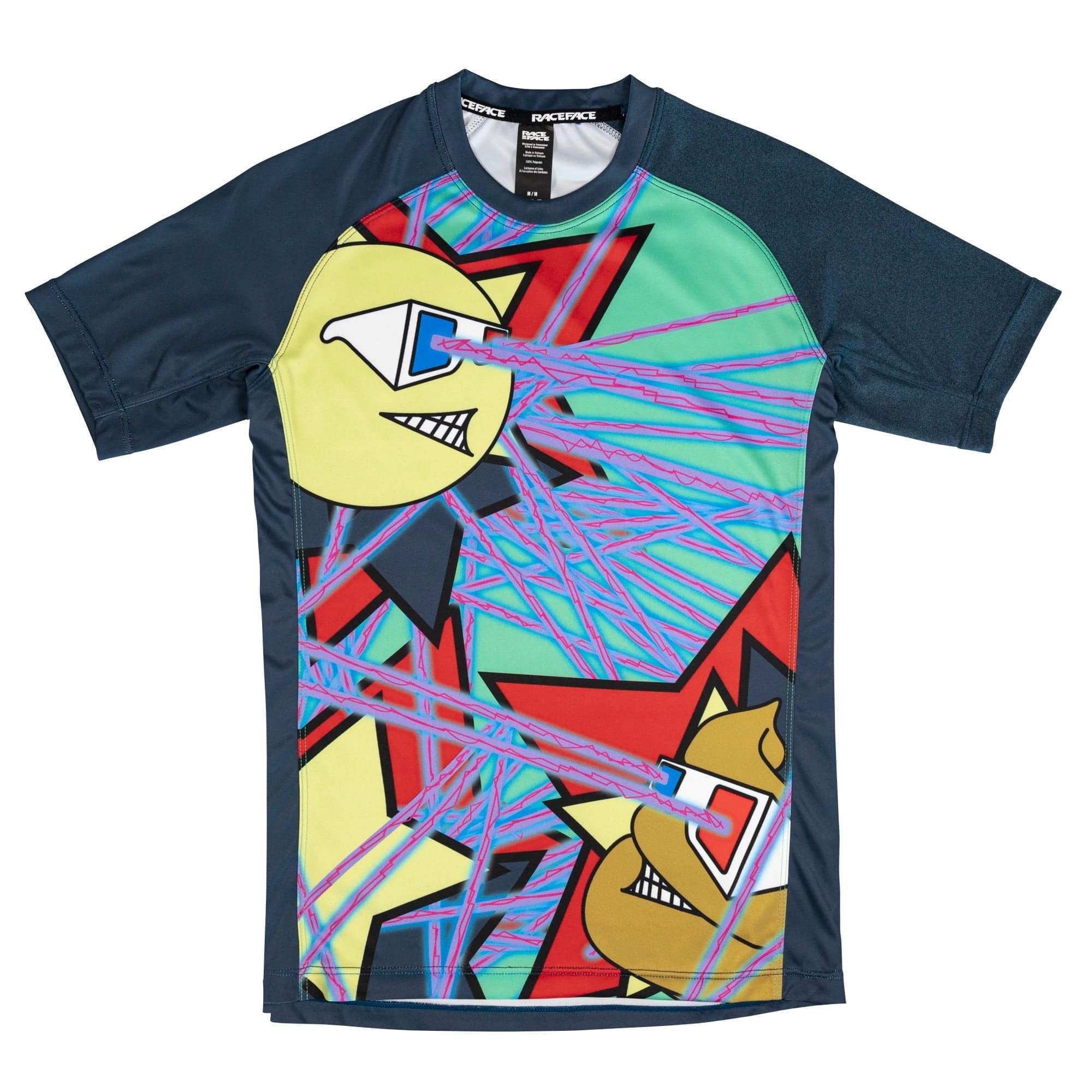 Race Face Sendy Kids short sleeve MTB jersey, lightweight and breathable mountain biking shirt for children, with colorful design.