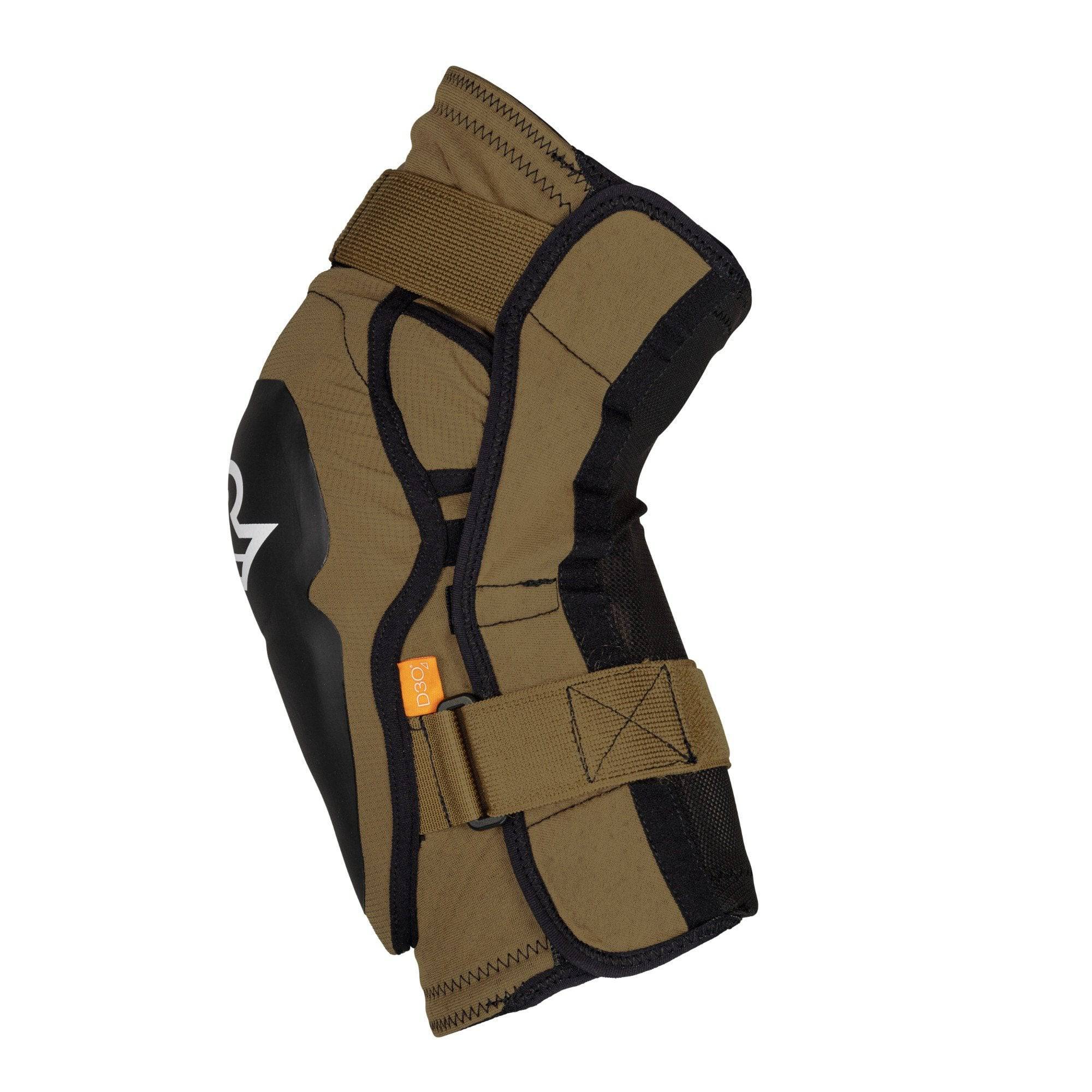 Race Face Roam Knee Guard 2021 with D30 impact protection for mountain biking, showing padded knee guard on a rider.