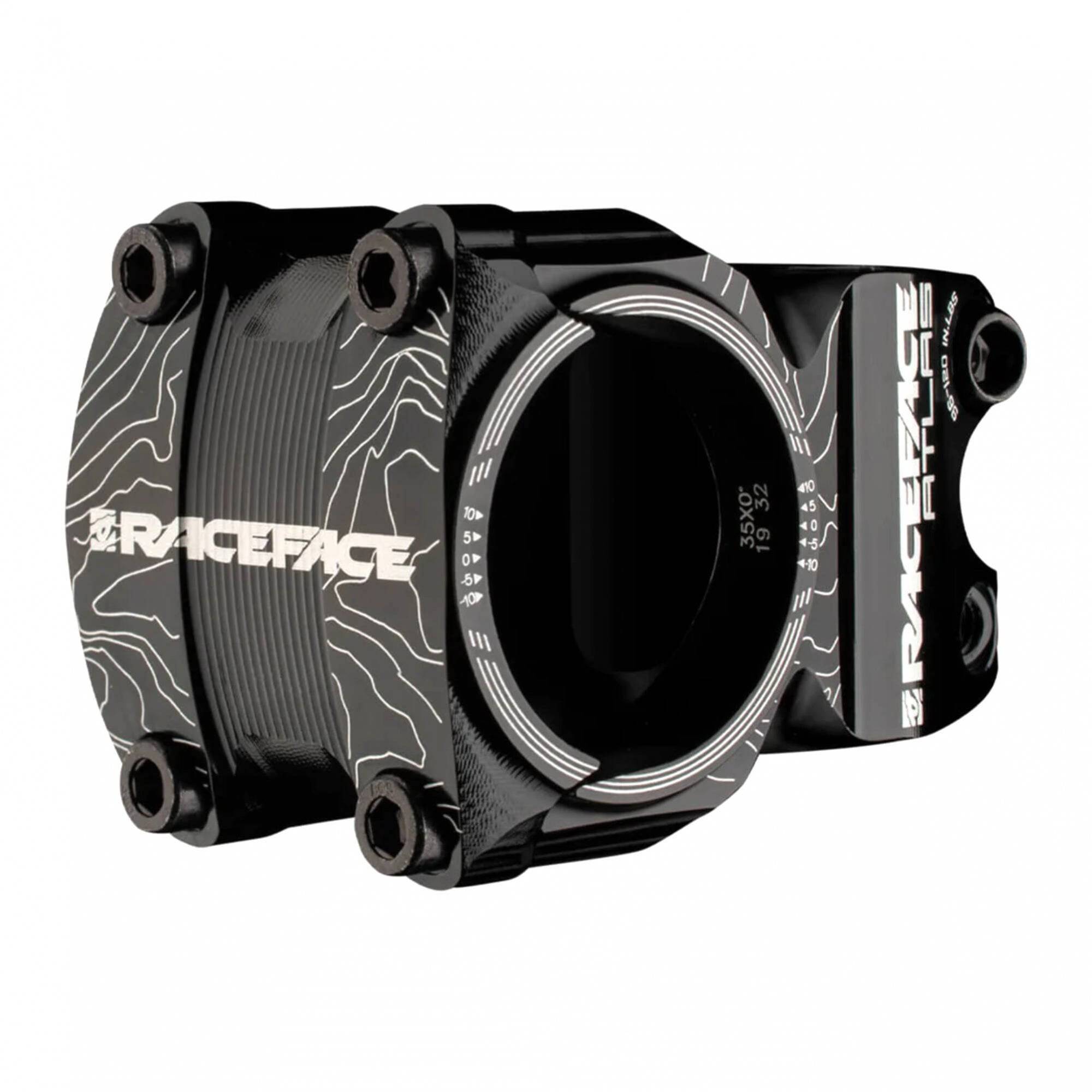 Race Face Atlas stem with 31.8mm clamp, available in 50mm and 65mm lengths for mountain biking, AM, XC, and DH riding.