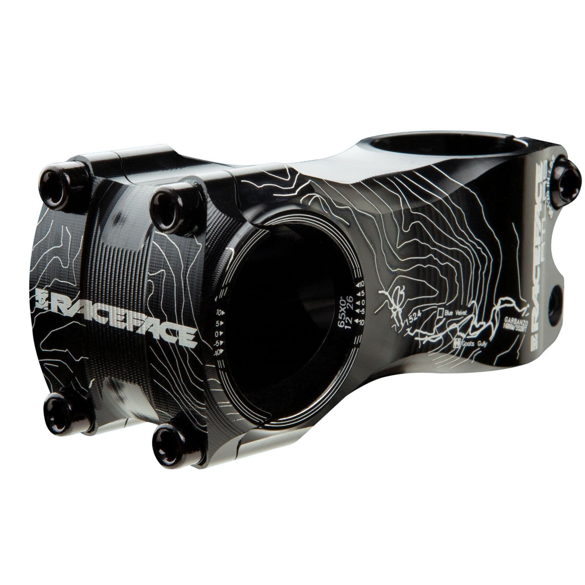 Race Face Atlas bike stem with 31.8mm clamp, suitable for AM, XC, and DH riding, available in 50mm and 65mm lengths.