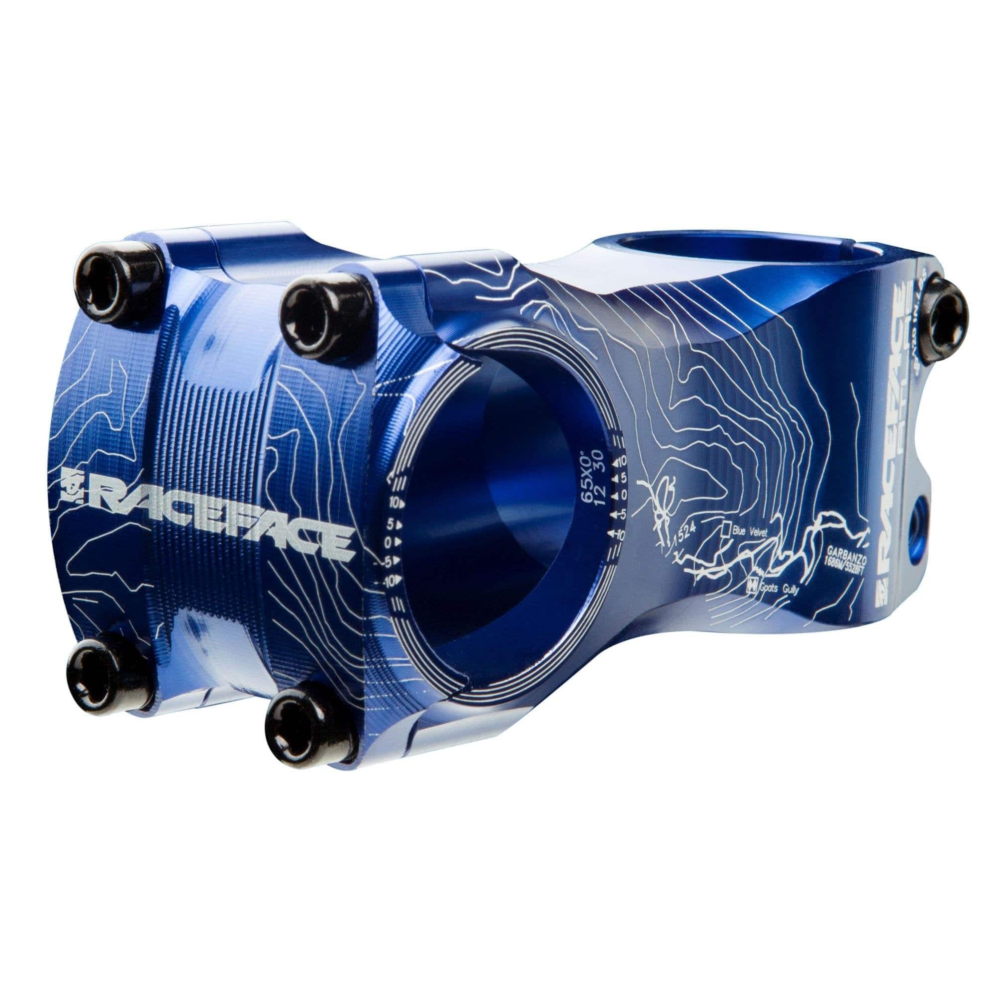 Race Face Atlas bike stem with 31.8mm clamp, suitable for AM, XC, and DH riding, available in 50mm and 65mm lengths.