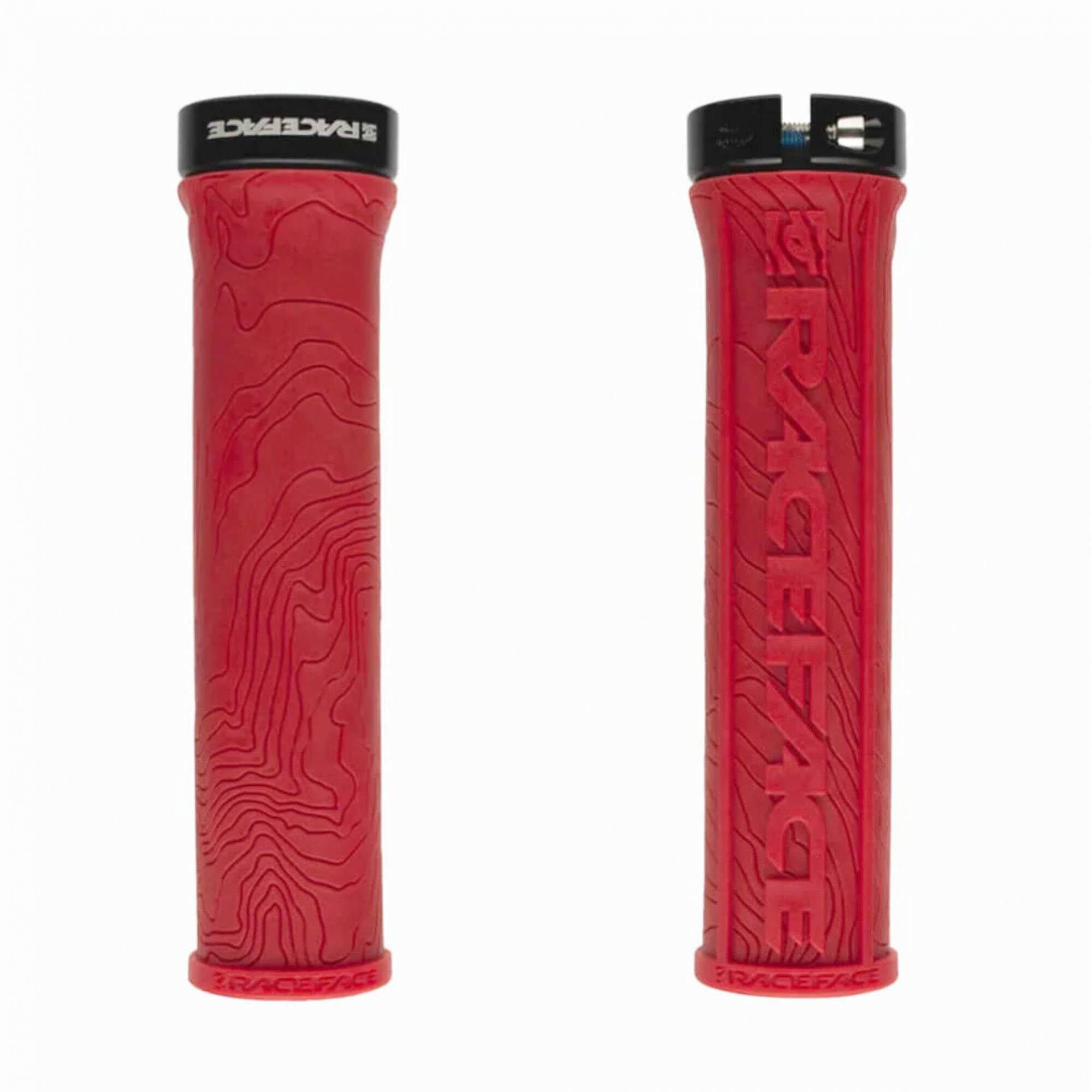 Race Face Half Nelson lock-on MTB grips with VEXY compound and moisture channels, designed for secure mountain biking control.