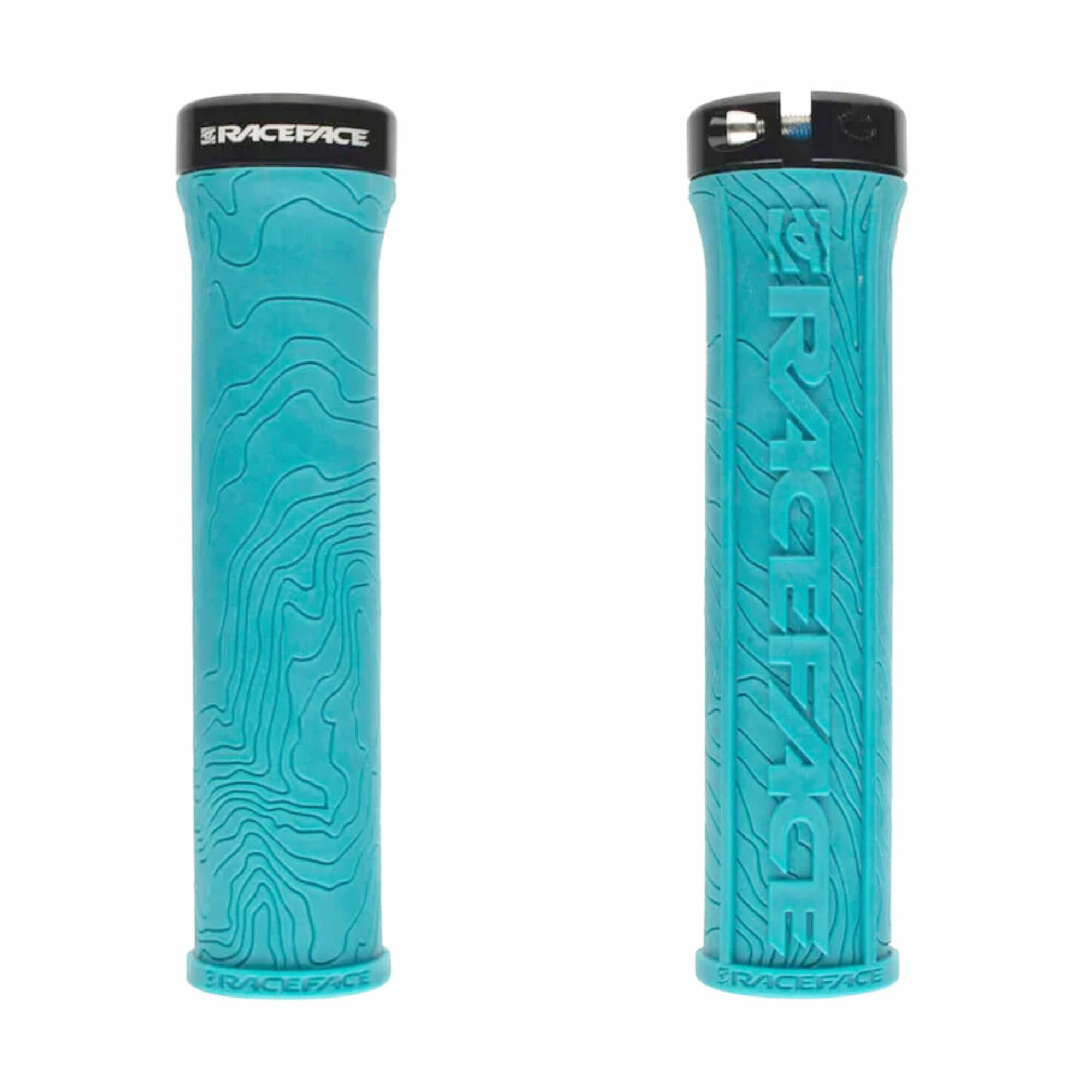 Race Face Half Nelson MTB lock-on grips with VEXY compound and moisture channels, designed for enhanced grip and control.
