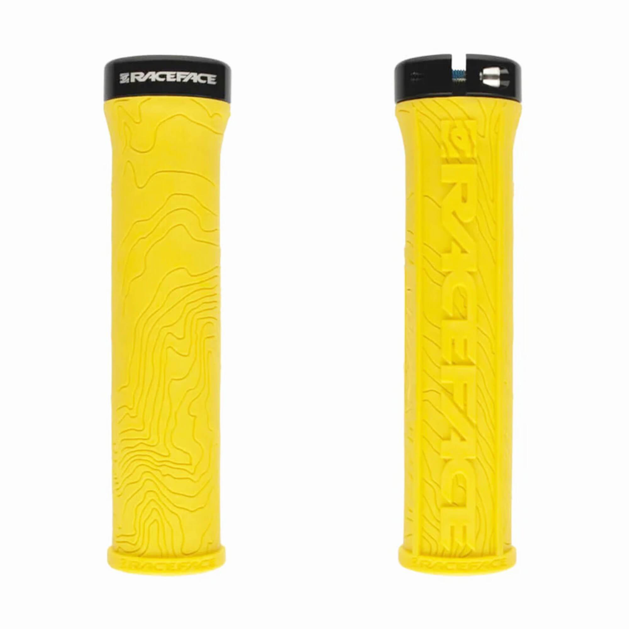 Race Face Half Nelson MTB lock-on grips with VEXY compound and moisture channels for enhanced grip and control.