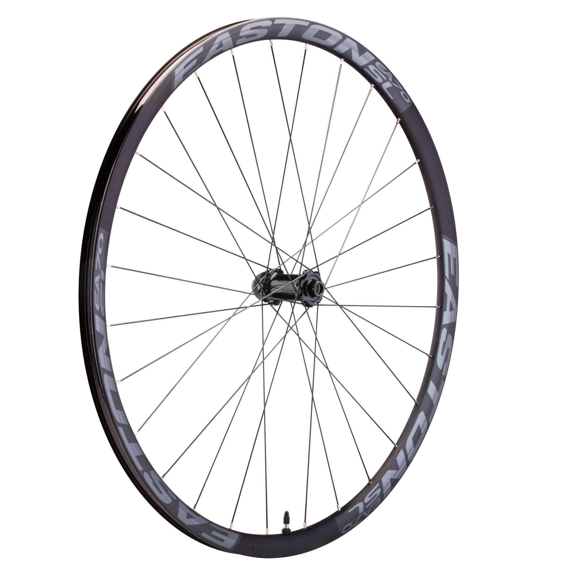 Easton EA70 SL clincher disc road bike wheel with V5 hubset and J-bend spokes, showcasing the aerodynamic rim and hub details.