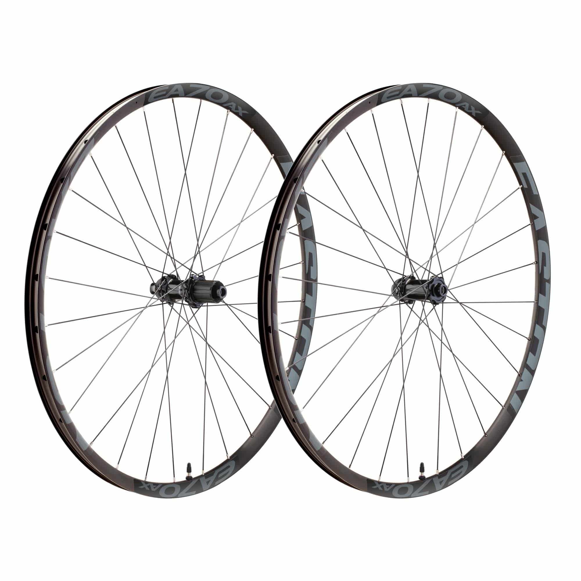 Easton EA70 AX disc wheelset with tubeless-ready road and gravel bike wheels, showcasing the lightweight alloy rims and disc brakes.